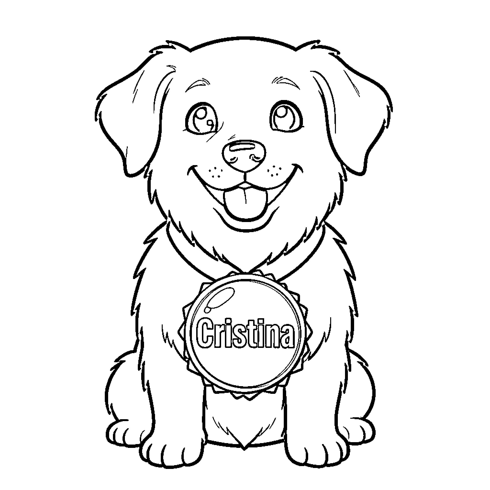Dog sitting happily with a personalized name tag Coloring Page (free black-and-white line drawing printable PDF for all, from beginners to advanced learners, including children, teens, adults, and seniors)