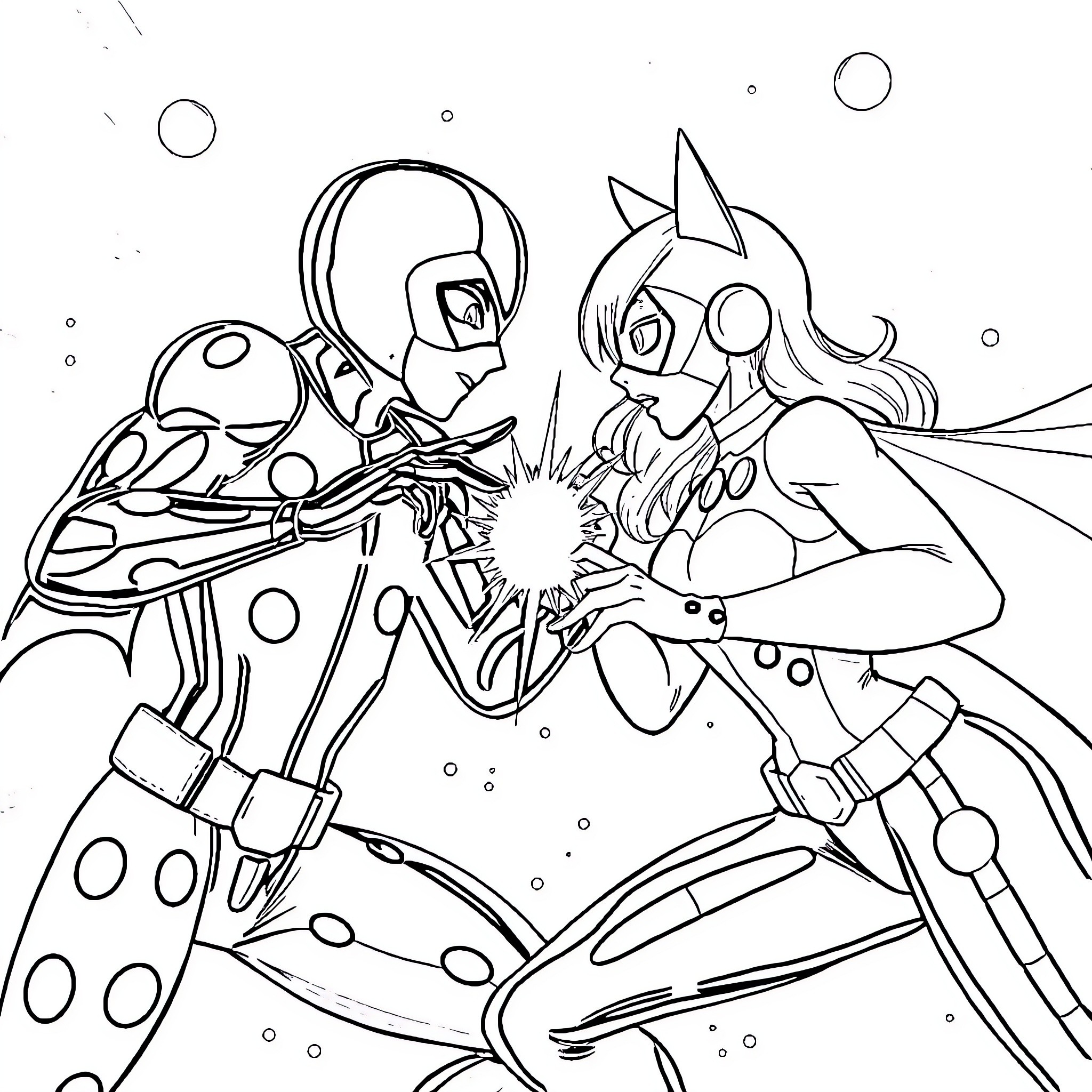 Ladybug heroes battling in a cosmic scene Coloring Page (free black-and-white line drawing printable PDF for all, from beginners to advanced learners, including children, teens, adults, and seniors)