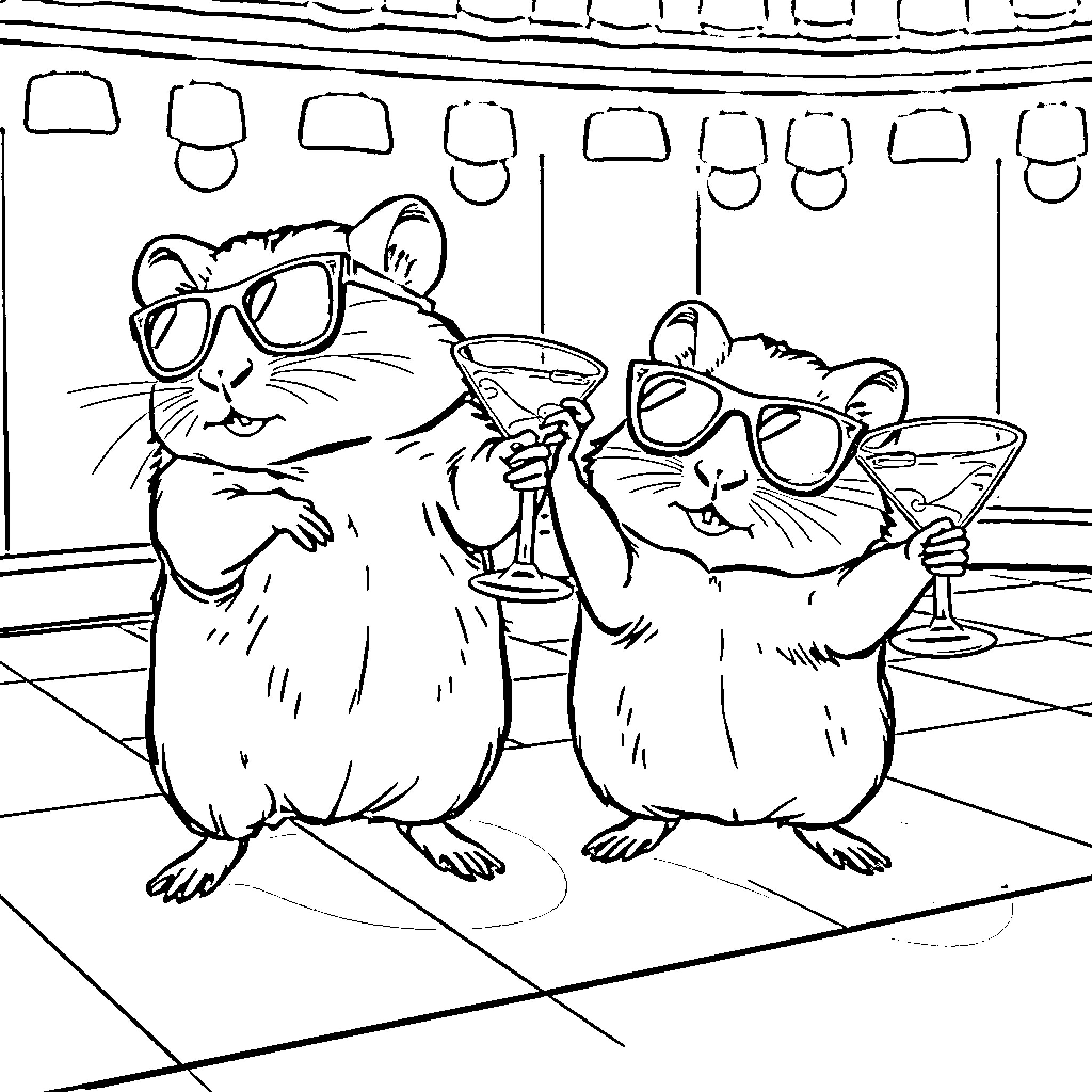 Hamsters having fun at the bar Coloring Page (free black-and-white line drawing printable PDF for all, from beginners to advanced learners, including children, teens, adults, and seniors)