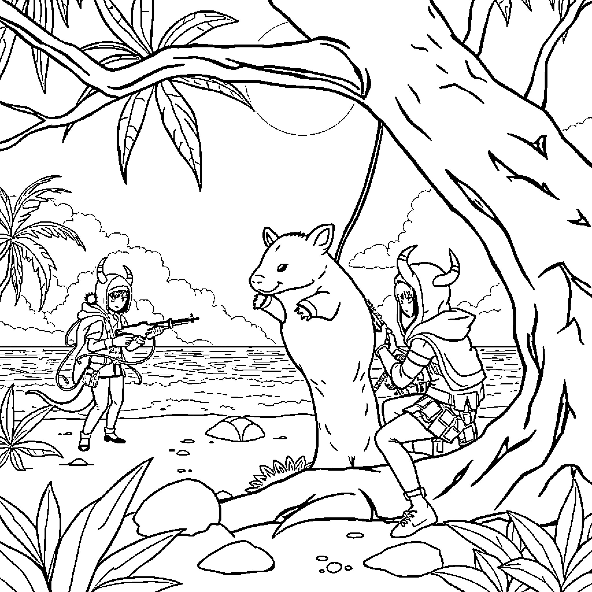 K Pop Characters in Jungle Adventure Scene Coloring Page (free black-and-white line drawing printable PDF for all, from beginners to advanced learners, including children, teens, adults, and seniors)