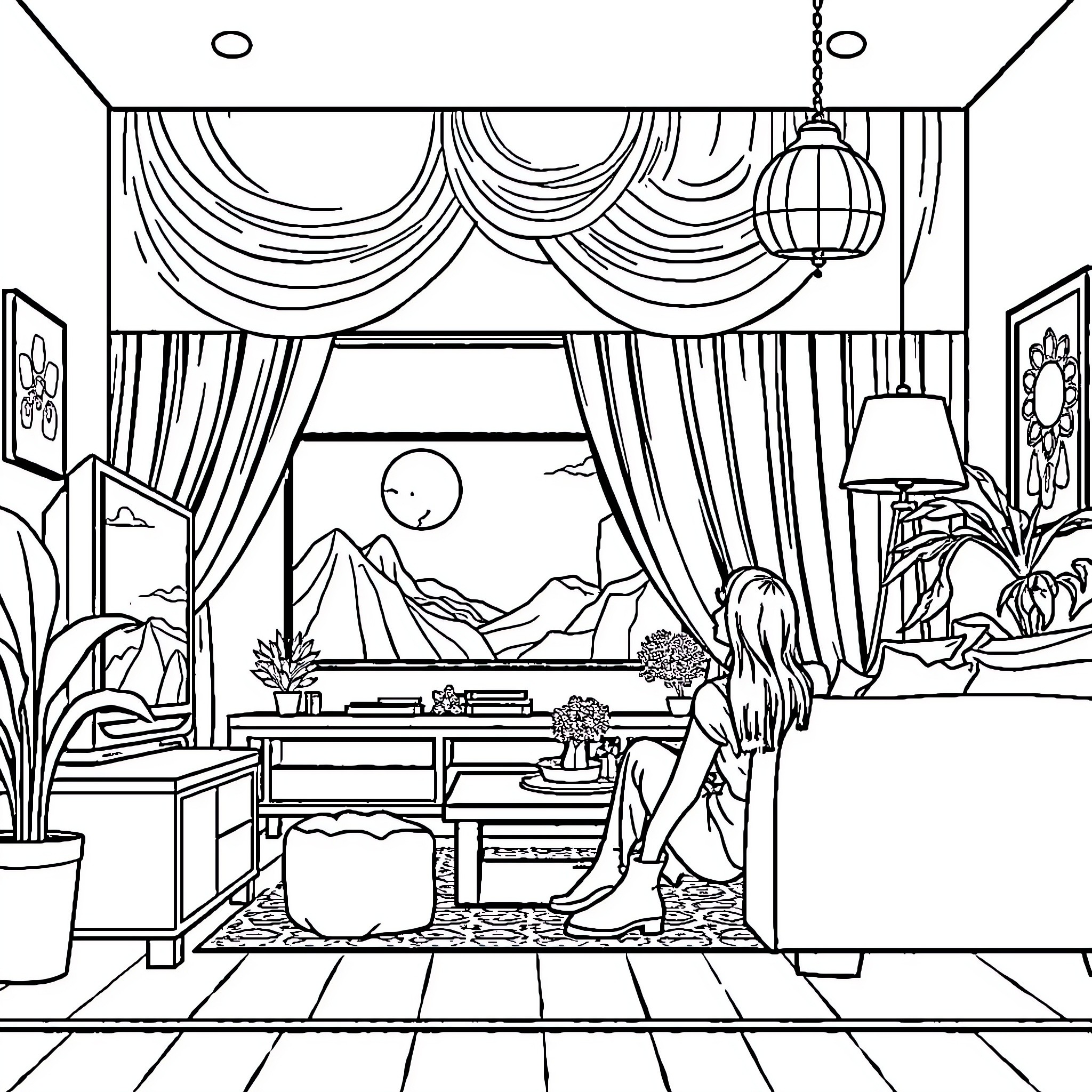 TV Room Filled with Cozy Furnishings and Scenic View Coloring Page (free black-and-white line drawing printable PDF for all, from beginners to advanced learners, including children, teens, adults, and seniors)