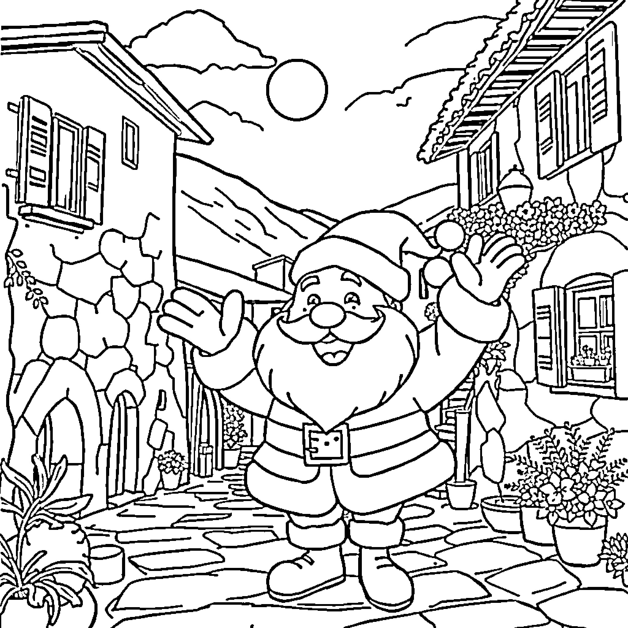 Santa Claus Exploring the Vibrant Village Coloring Page (free black-and-white line drawing printable PDF for all, from beginners to advanced learners, including children, teens, adults, and seniors)