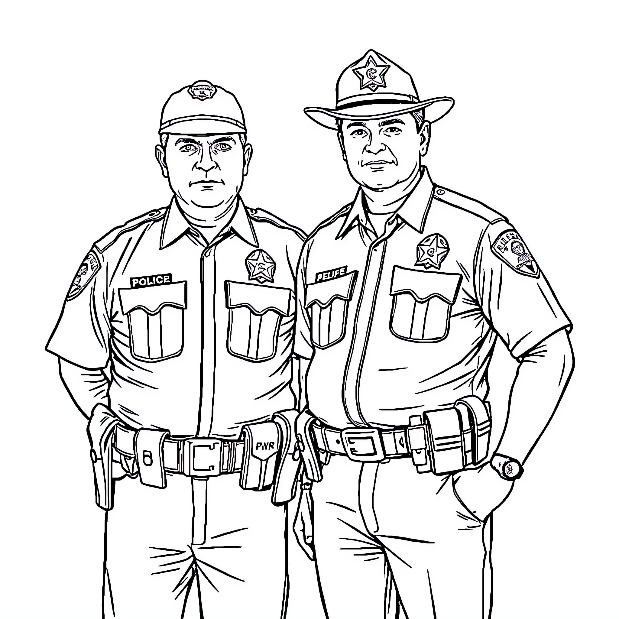 Police Officers in Uniform and Gear Coloring Page (free black-and-white line drawing printable PDF for all, from beginners to advanced learners, including children, teens, adults, and seniors)