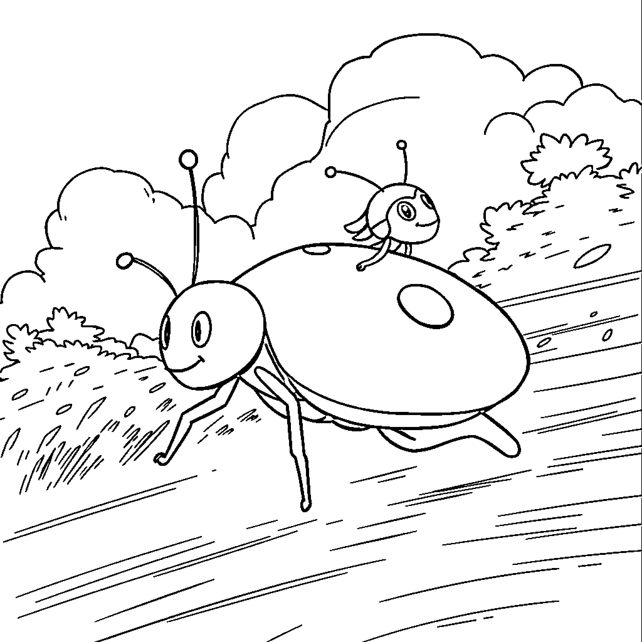 Ladybug enjoying a scenic outdoor adventure Coloring Page (free black-and-white line drawing printable PDF for all, from beginners to advanced learners, including children, teens, adults, and seniors)