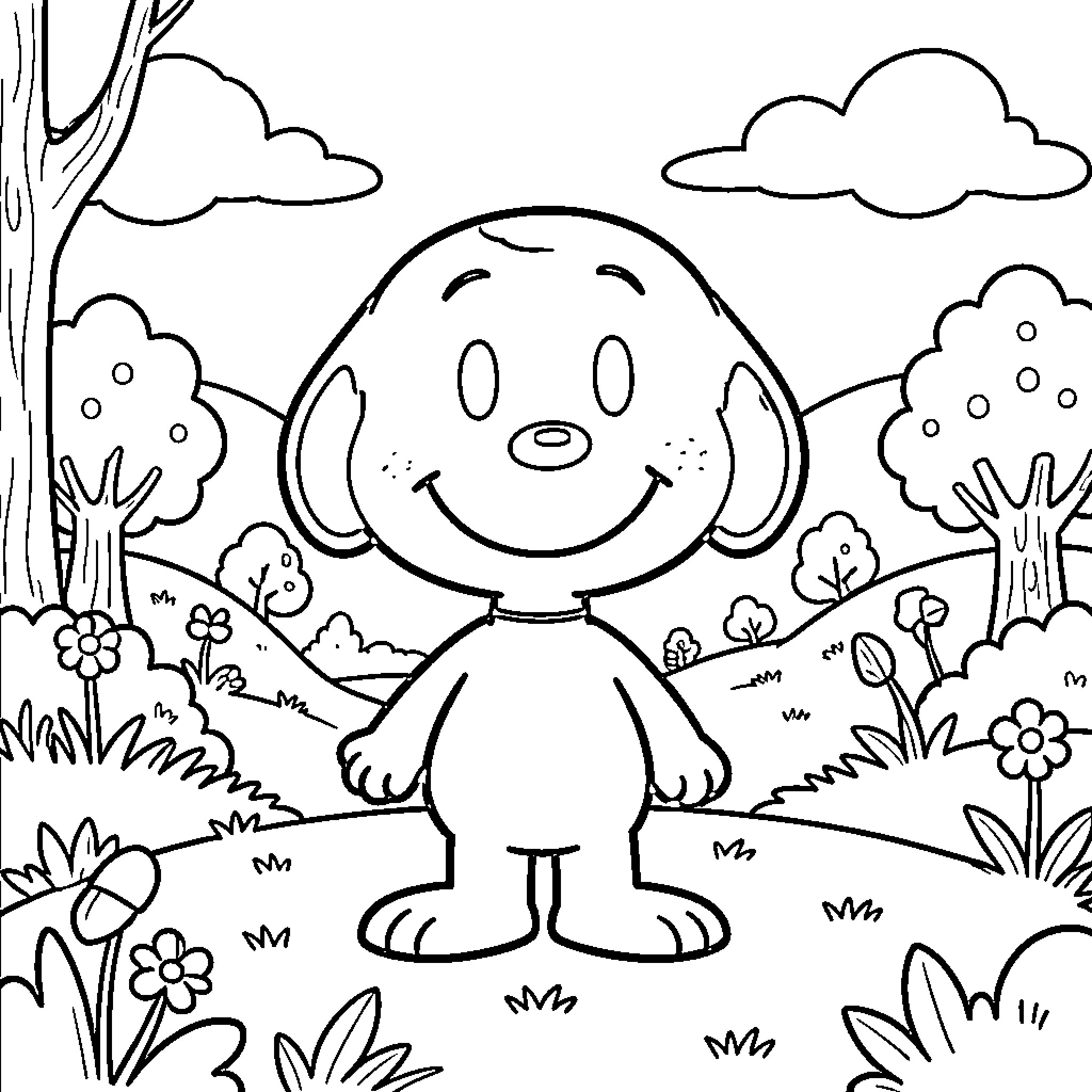 Snopy explores the joyful nature scene Coloring Page (free black-and-white line drawing printable PDF for all, from beginners to advanced learners, including children, teens, adults, and seniors)