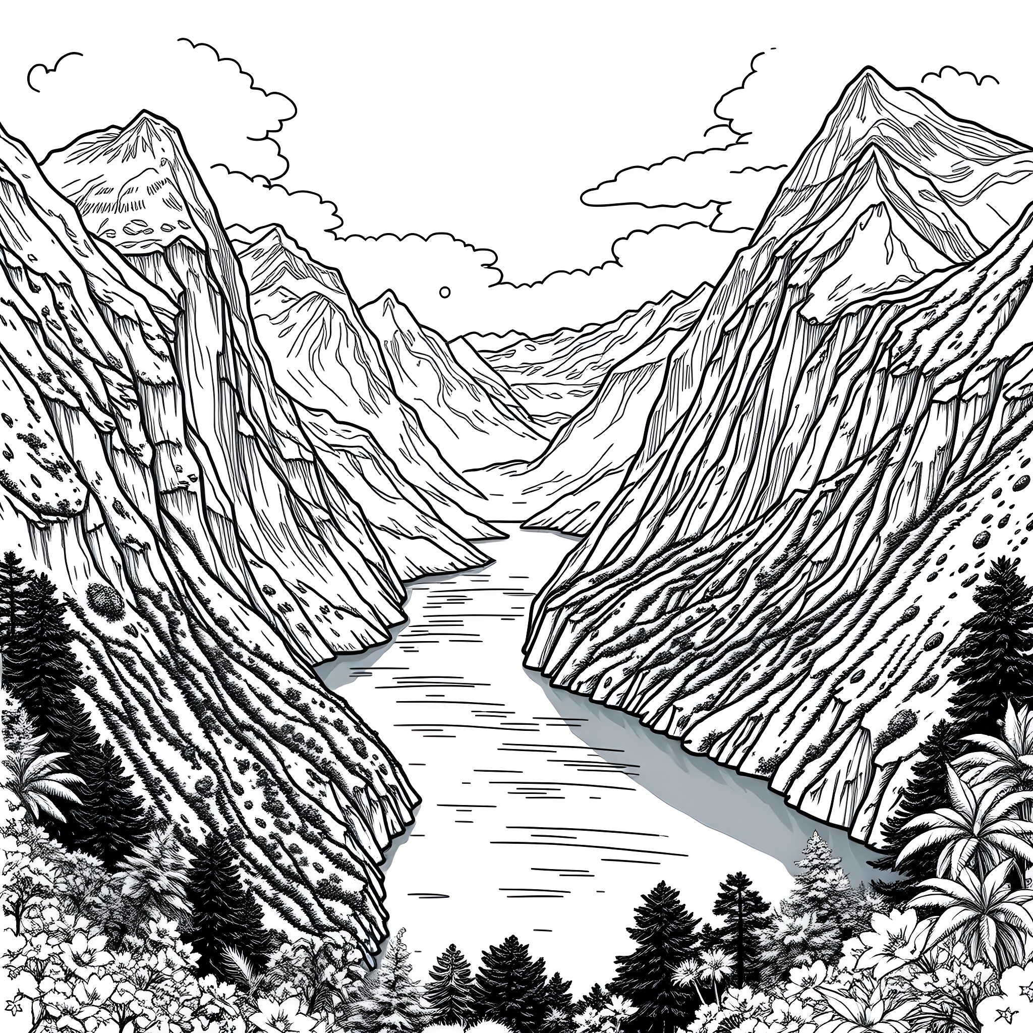 Milford Sound: Majestic Landscape with Towering Mountains Coloring Page (free black-and-white line drawing printable PDF for all, from beginners to advanced learners, including children, teens, adults, and seniors)