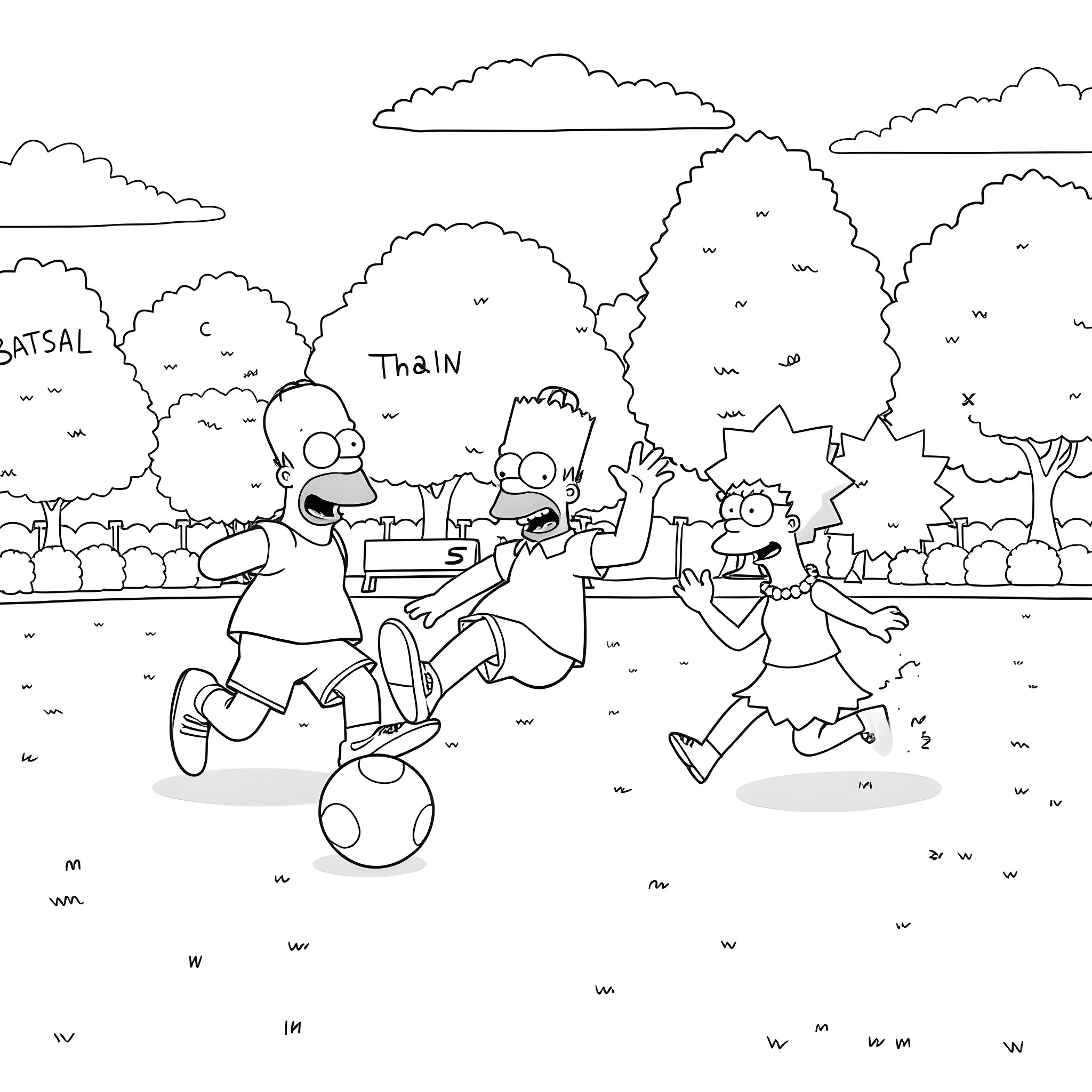 Simpson family playing in the park Coloring Page (free black-and-white line drawing printable PDF for all, from beginners to advanced learners, including children, teens, adults, and seniors)