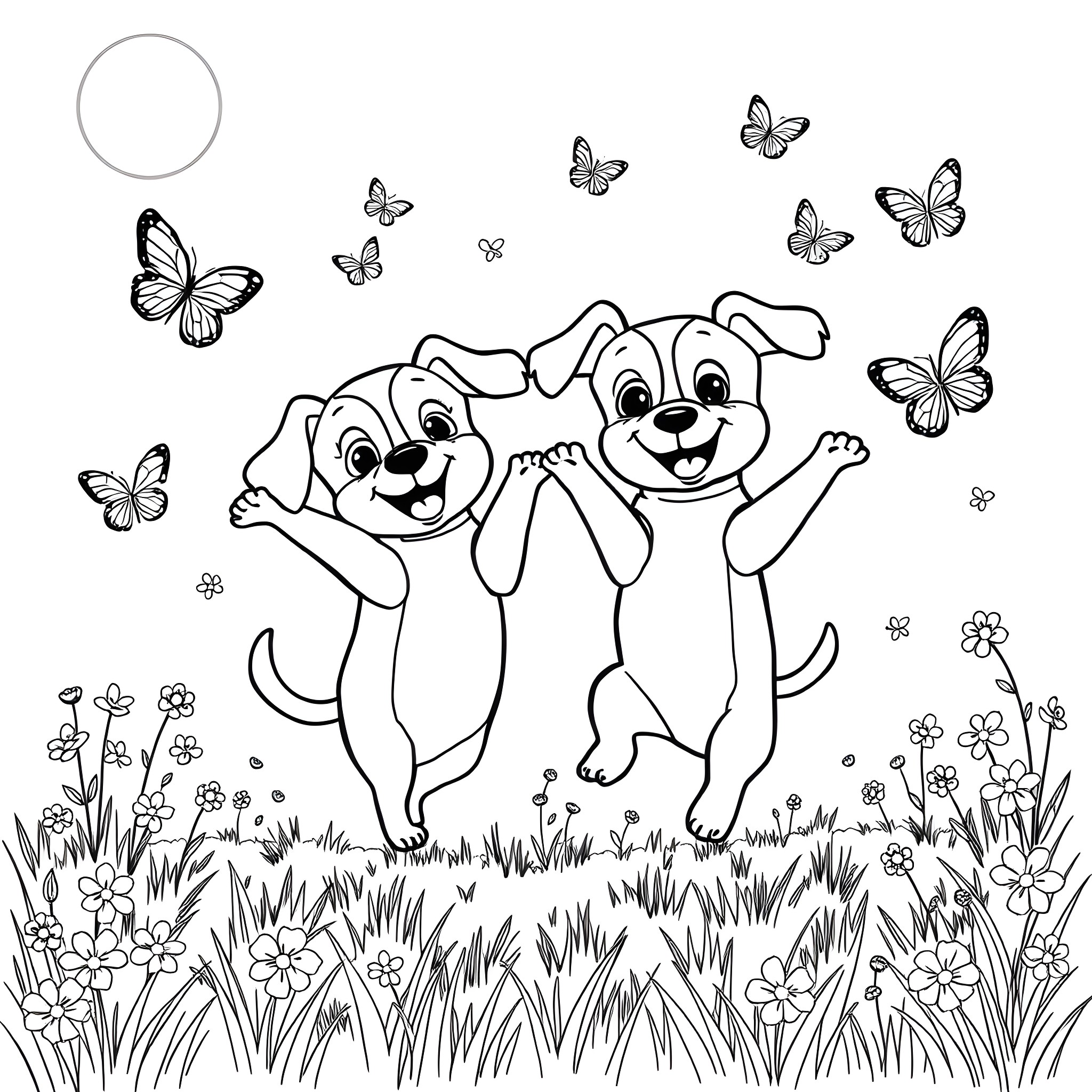 Pup friends frolicking in the meadow Coloring Page (free black-and-white line drawing printable PDF for all, from beginners to advanced learners, including children, teens, adults, and seniors)