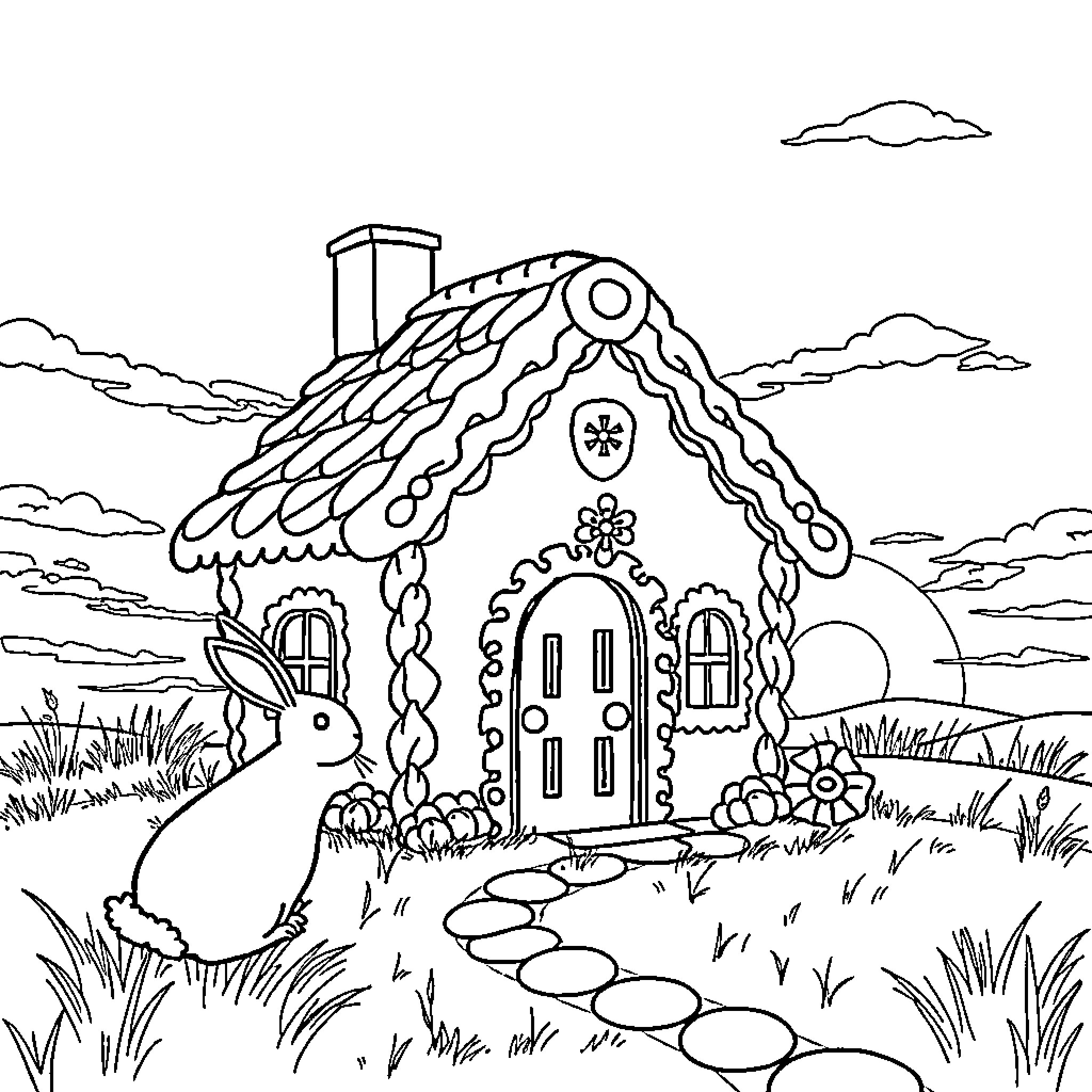 Gingerbread House with Rabbit in Enchanting Landscape Coloring Page (free black-and-white line drawing printable PDF for all, from beginners to advanced learners, including children, teens, adults, and seniors)