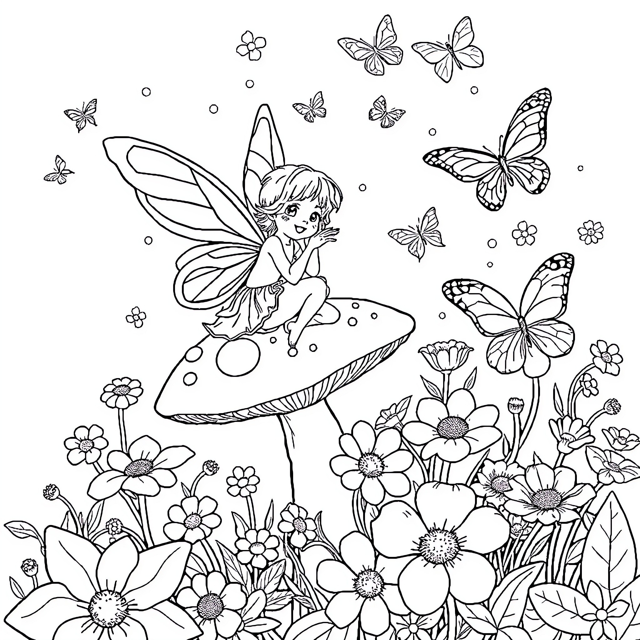 Fairy surrounded by whimsical butterflies and blooming flowers Coloring Page (free black-and-white line drawing printable PDF for all, from beginners to advanced learners, including children, teens, adults, and seniors)
