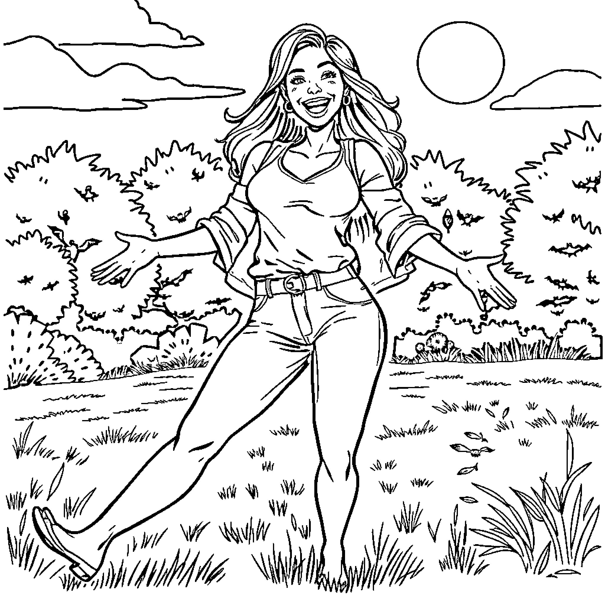 Babe enjoying the nature's beauty Coloring Page (free black-and-white line drawing printable PDF for all, from beginners to advanced learners, including children, teens, adults, and seniors)