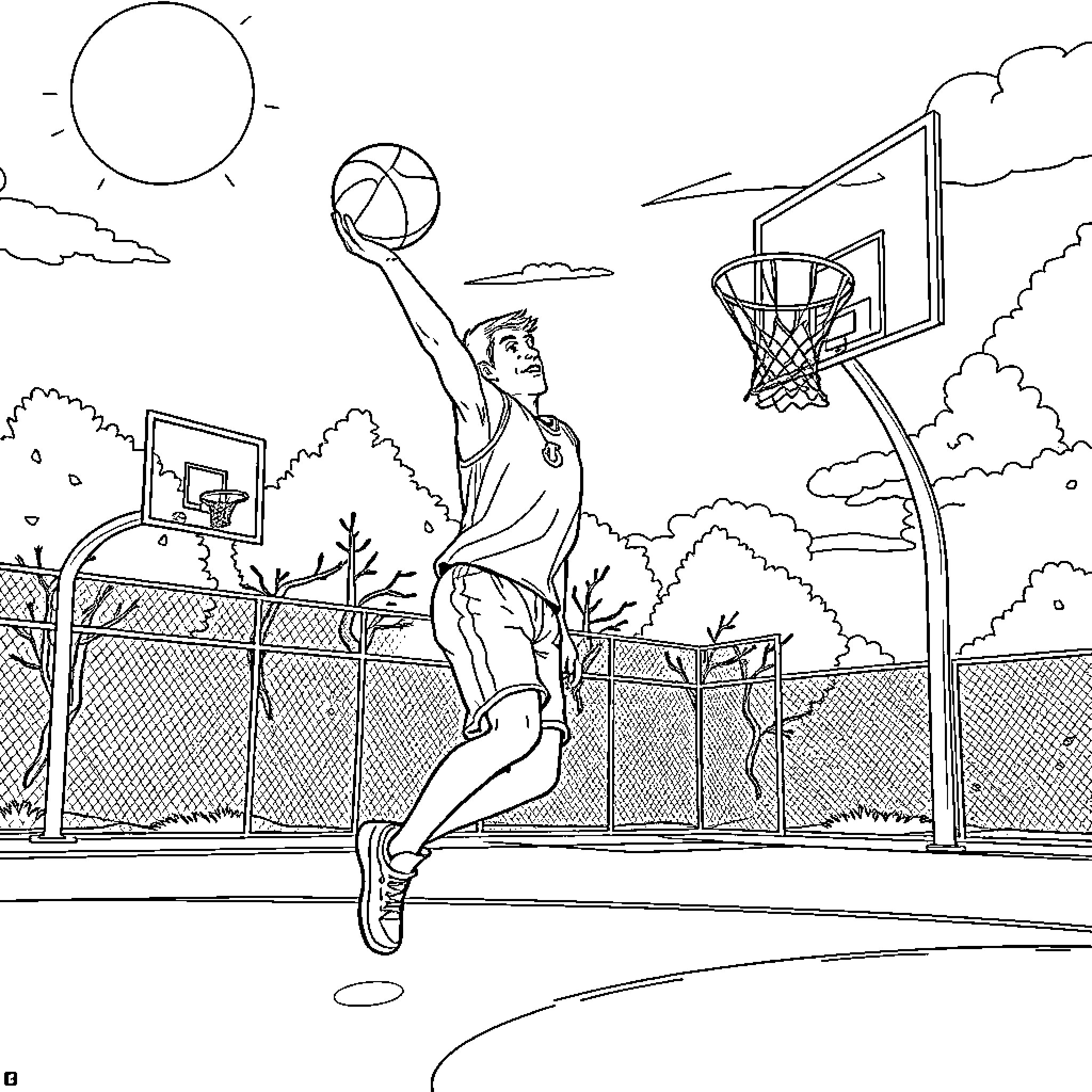 Cole Palmer playing basketball on outdoor court Coloring Page (free black-and-white line drawing printable PDF for all, from beginners to advanced learners, including children, teens, adults, and seniors)