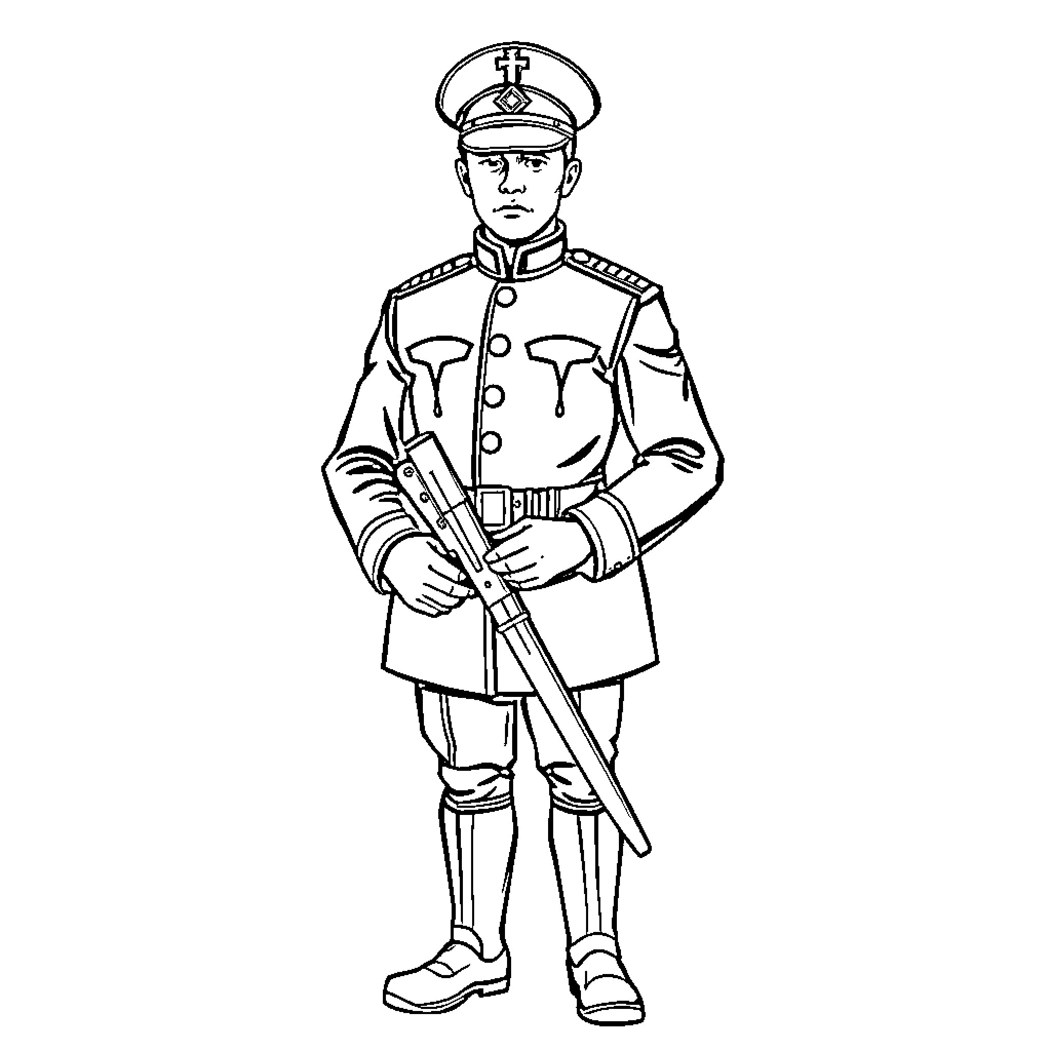 Hunter in Formal Military Uniform Holding Sword Coloring Page (free black-and-white line drawing printable PDF for all, from beginners to advanced learners, including children, teens, adults, and seniors)
