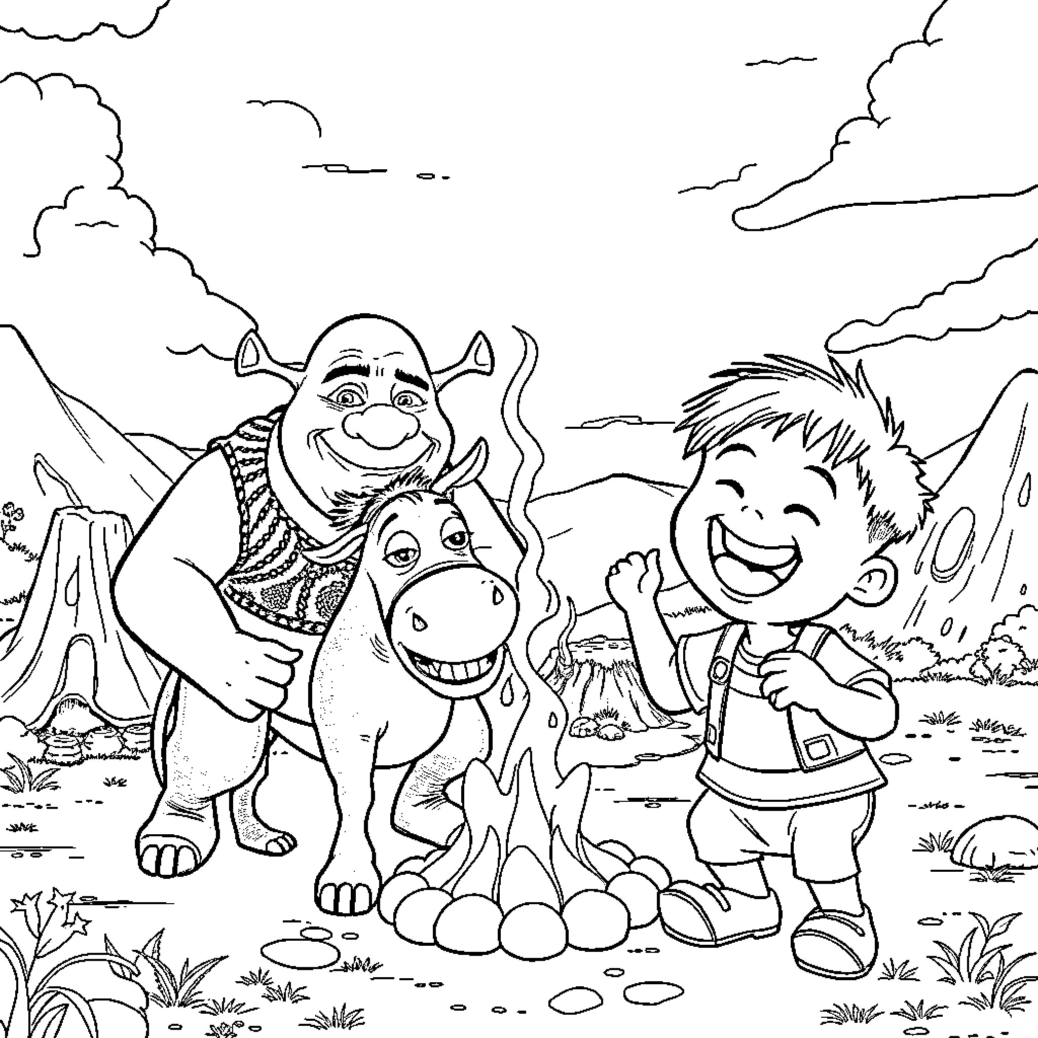 Shrek and friends having a cheerful adventure Coloring Page (free black-and-white line drawing printable PDF for all, from beginners to advanced learners, including children, teens, adults, and seniors)