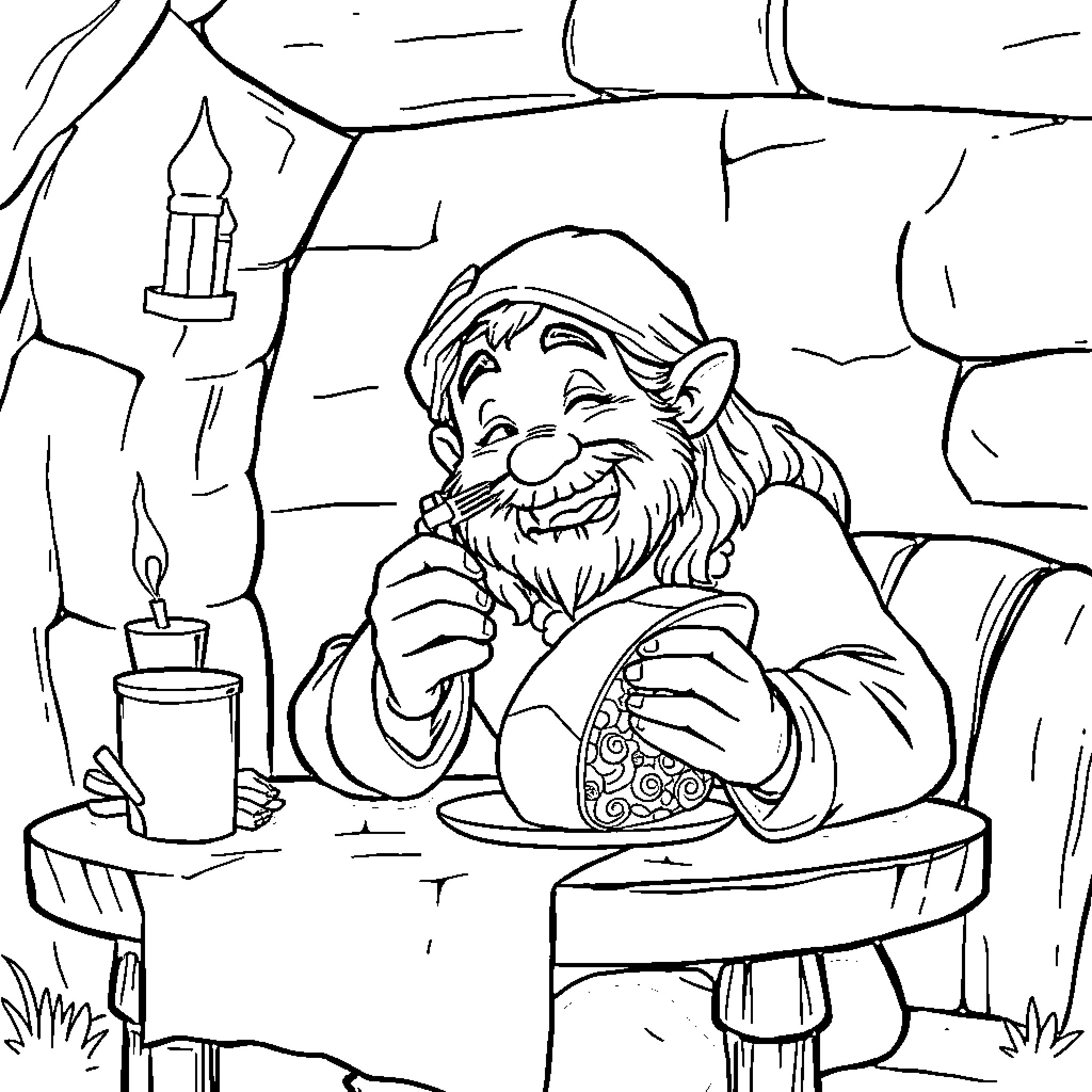 Hobbit enjoying a warm meal by the campfire Coloring Page (free black-and-white line drawing printable PDF for all, from beginners to advanced learners, including children, teens, adults, and seniors)