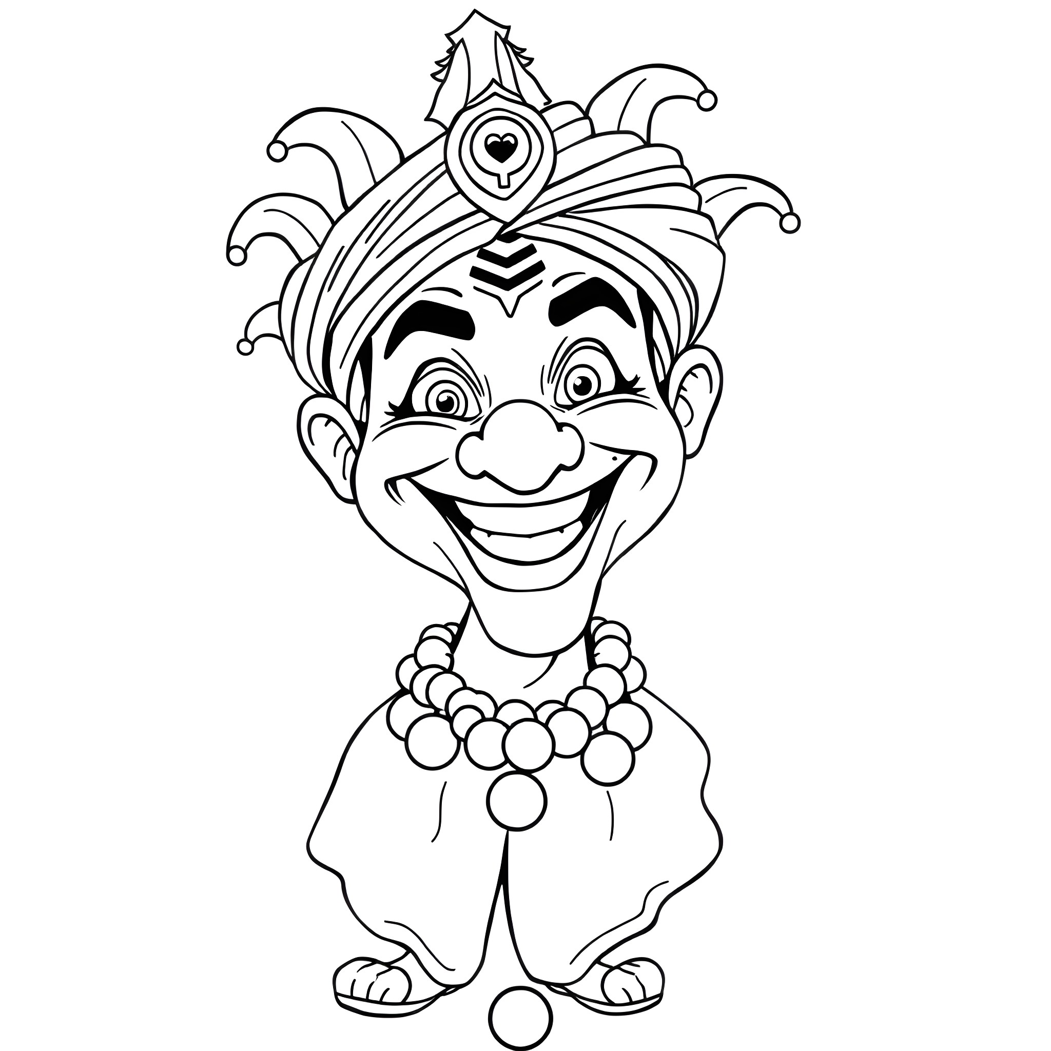 Joker with silly expression and festive costume Coloring Page (free black-and-white line drawing printable PDF for all, from beginners to advanced learners, including children, teens, adults, and seniors)