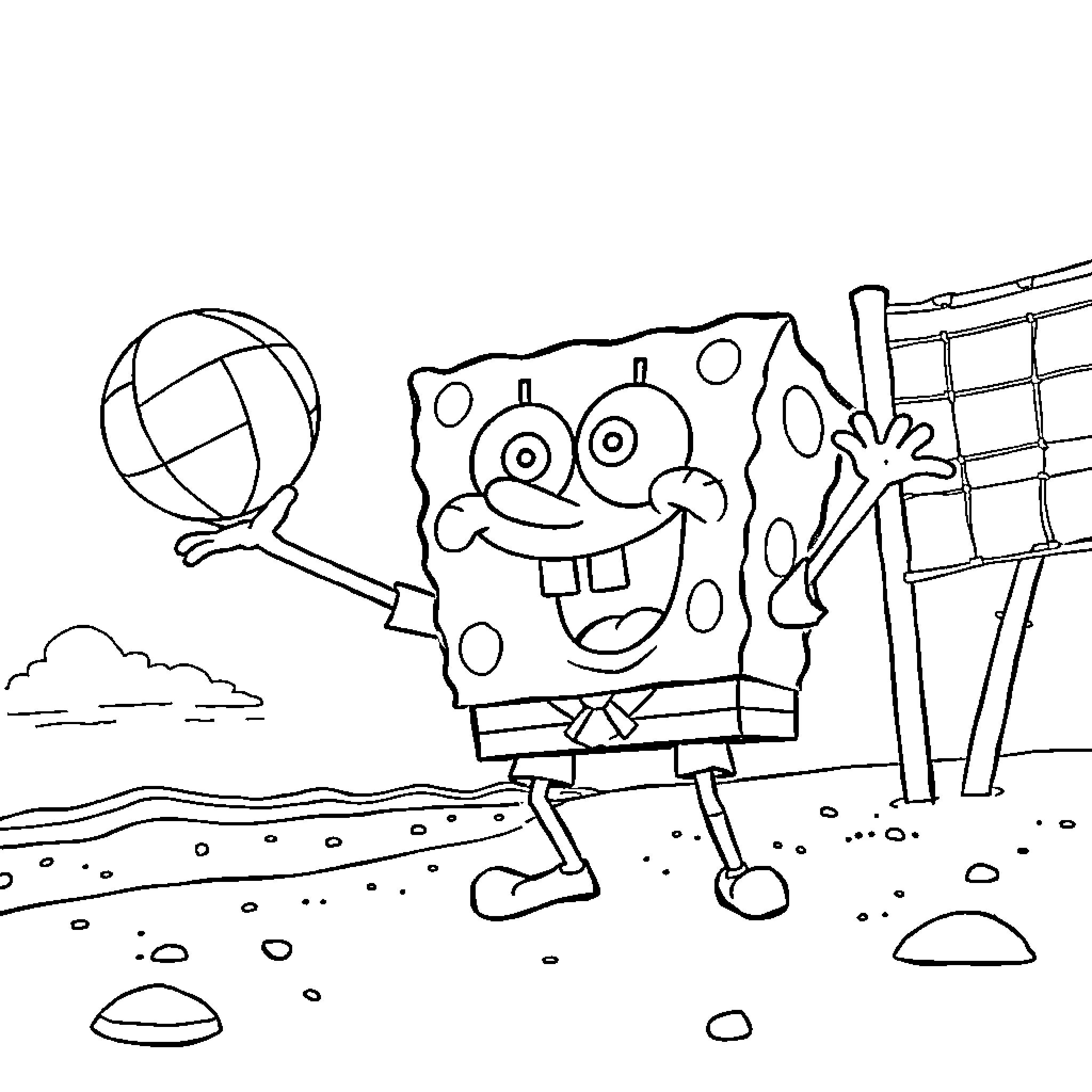 Spongebob playing joyfully with volleyball on the beach Coloring Page (free black-and-white line drawing printable PDF for all, from beginners to advanced learners, including children, teens, adults, and seniors)