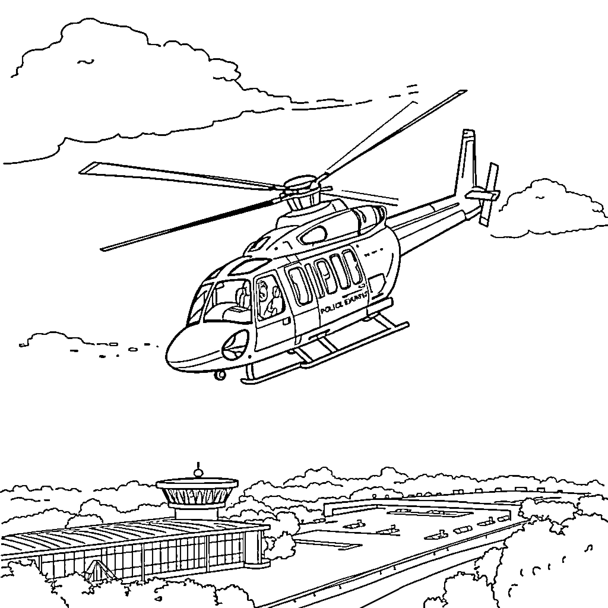 Helicopter flying over airport with control tower Coloring Page (free black-and-white line drawing printable PDF for all, from beginners to advanced learners, including children, teens, adults, and seniors)