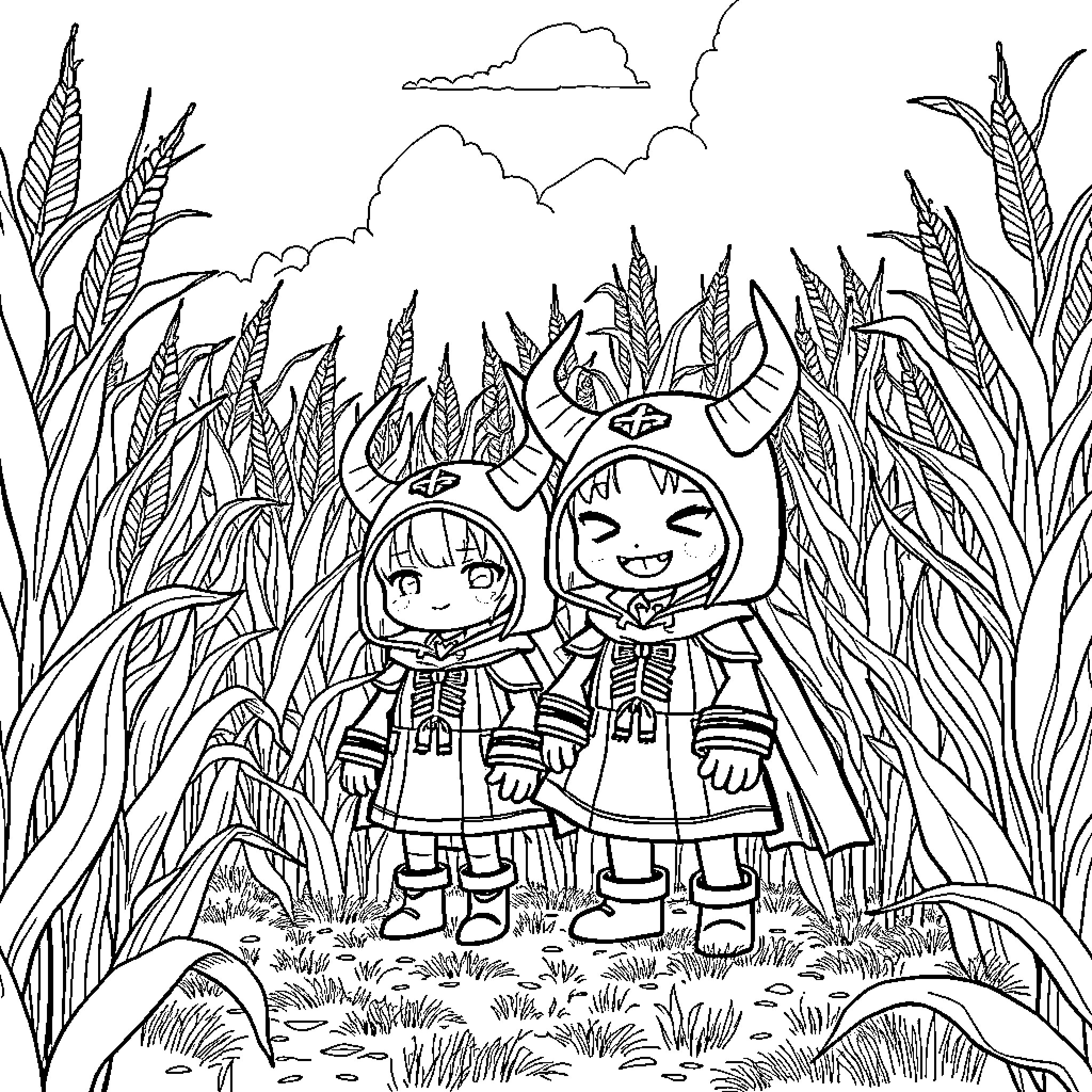 Demon Hunters in the Enchanted Wilderness Coloring Page (free black-and-white line drawing printable PDF for all, from beginners to advanced learners, including children, teens, adults, and seniors)