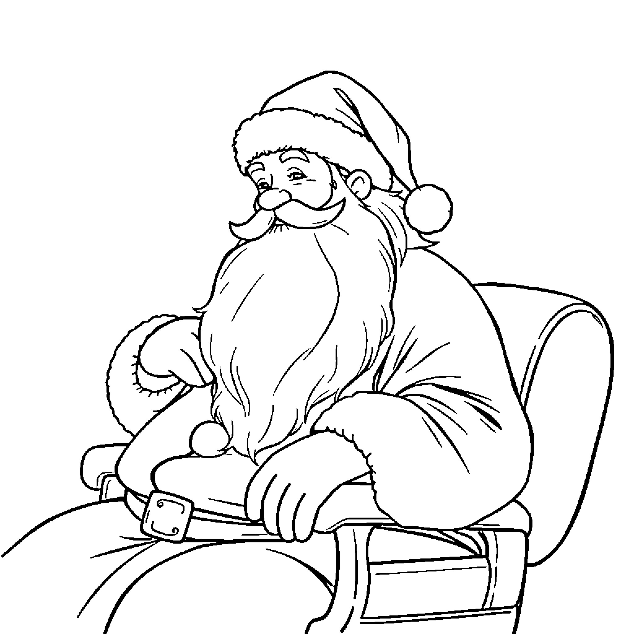 Santa resting in his chair Coloring Page (free black-and-white line drawing printable PDF for all, from beginners to advanced learners, including children, teens, adults, and seniors)