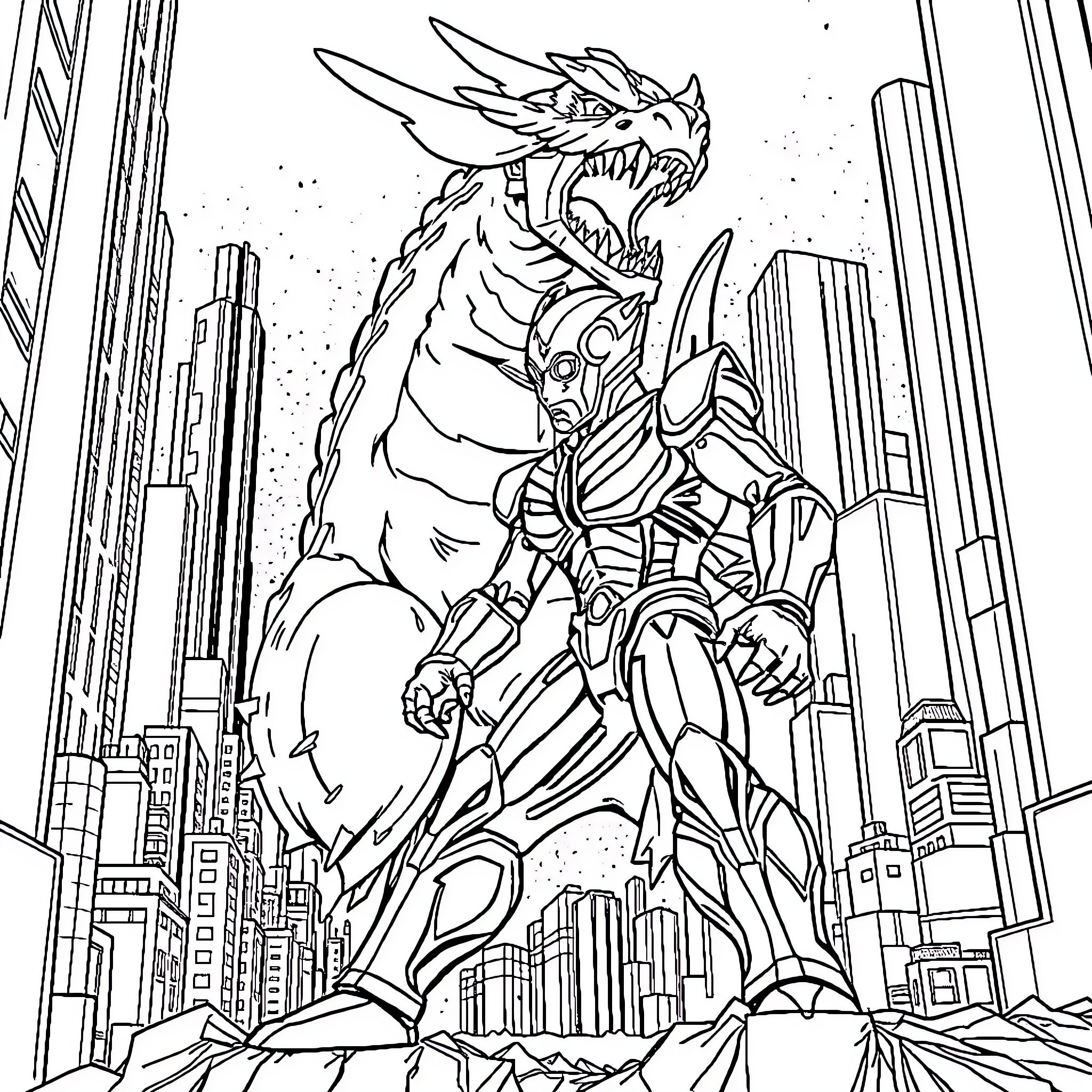 Ultraman battles a monstrous foe in the city Coloring Page (free black-and-white line drawing printable PDF for all, from beginners to advanced learners, including children, teens, adults, and seniors)