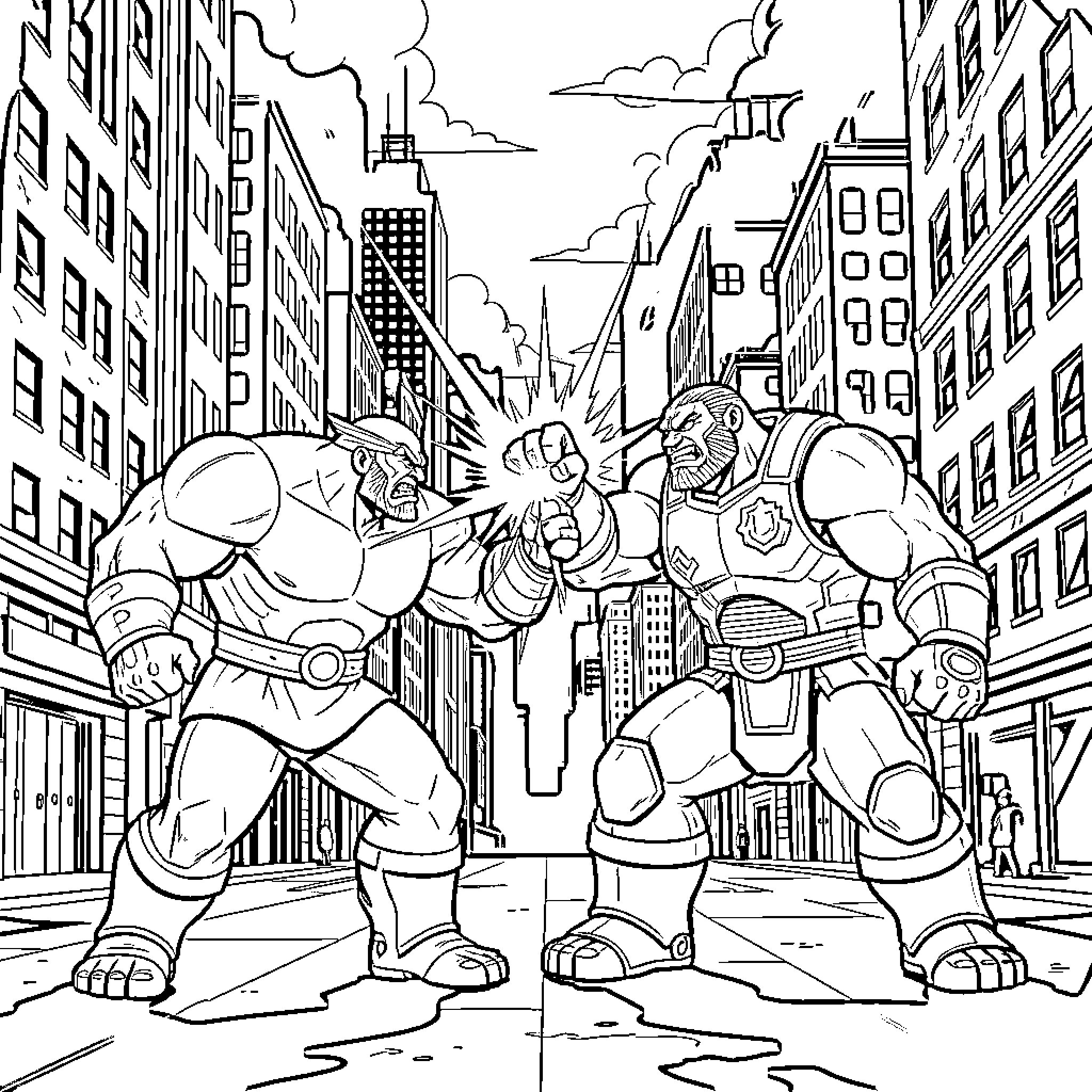 Kai witnessing two powerful warriors battling in the city Coloring Page (free black-and-white line drawing printable PDF for all, from beginners to advanced learners, including children, teens, adults, and seniors)
