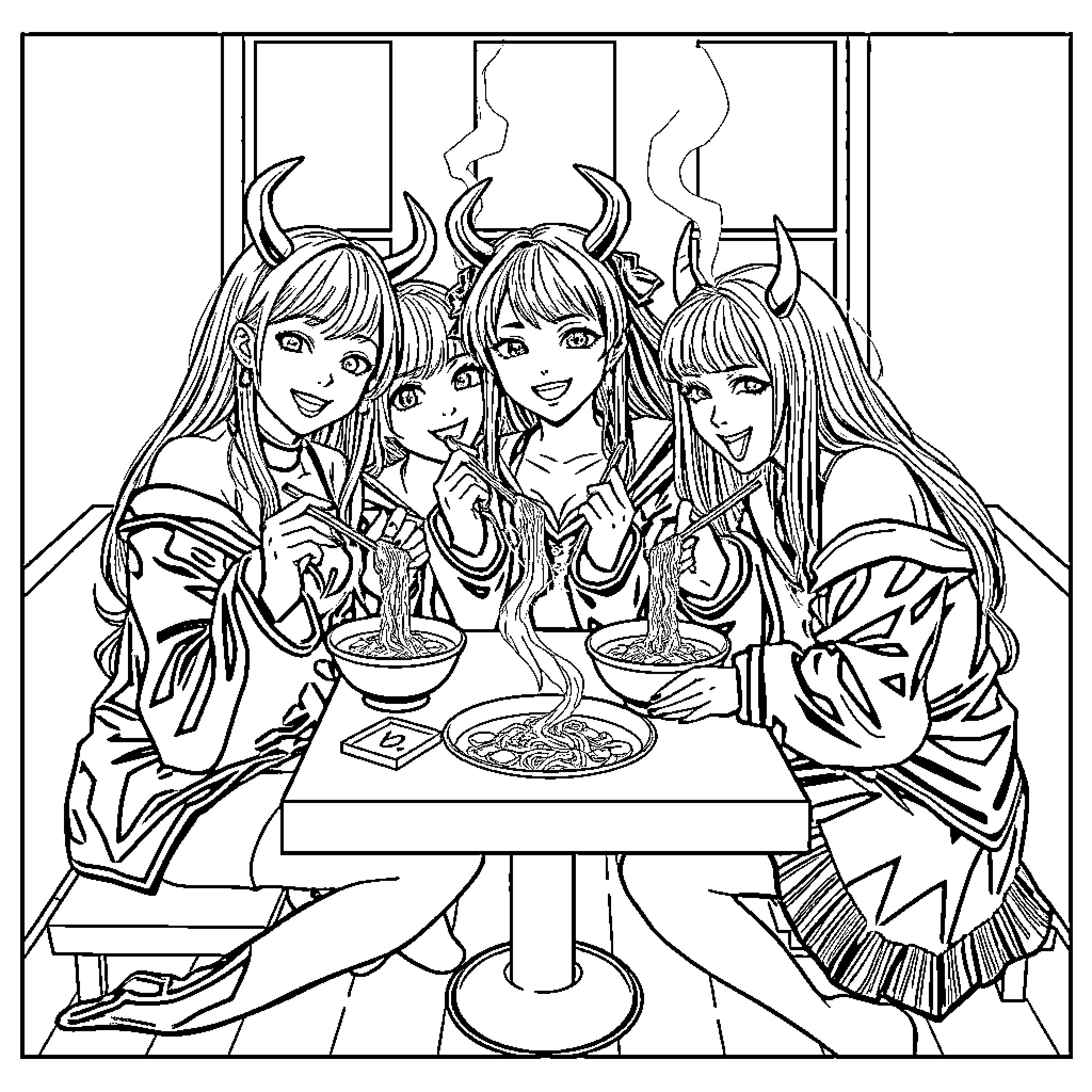 Demon Hunters Enjoying a Meal Together Coloring Page (free black-and-white line drawing printable PDF for all, from beginners to advanced learners, including children, teens, adults, and seniors)