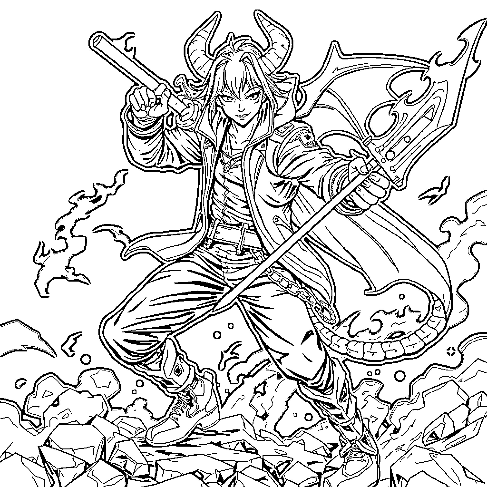 Kpop Demon Hunter in Fierce Battle with Enemies Coloring Page (free black-and-white line drawing printable PDF for all, from beginners to advanced learners, including children, teens, adults, and seniors)