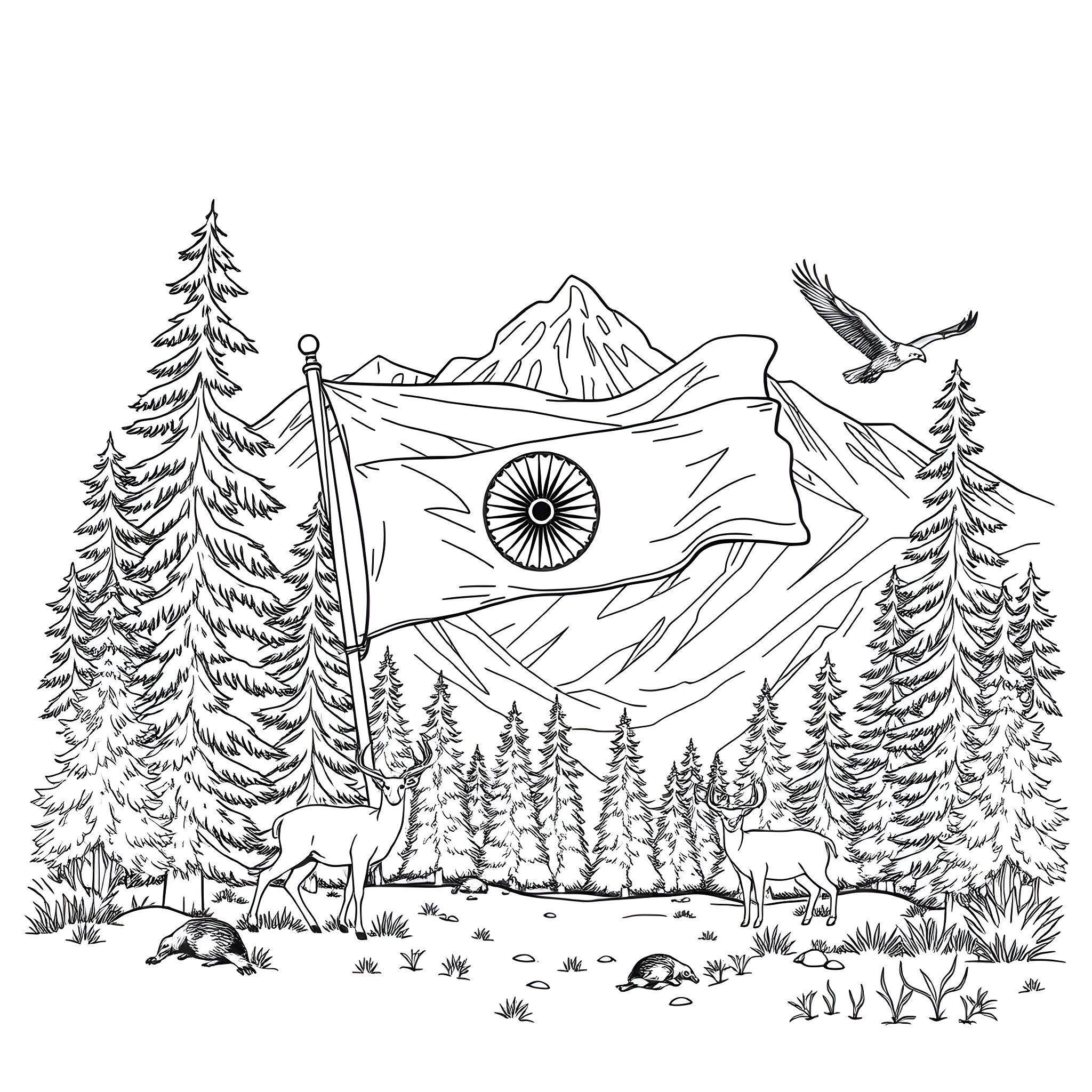 Flag waving atop majestic mountain landscape Coloring Page (free black-and-white line drawing printable PDF for all, from beginners to advanced learners, including children, teens, adults, and seniors)