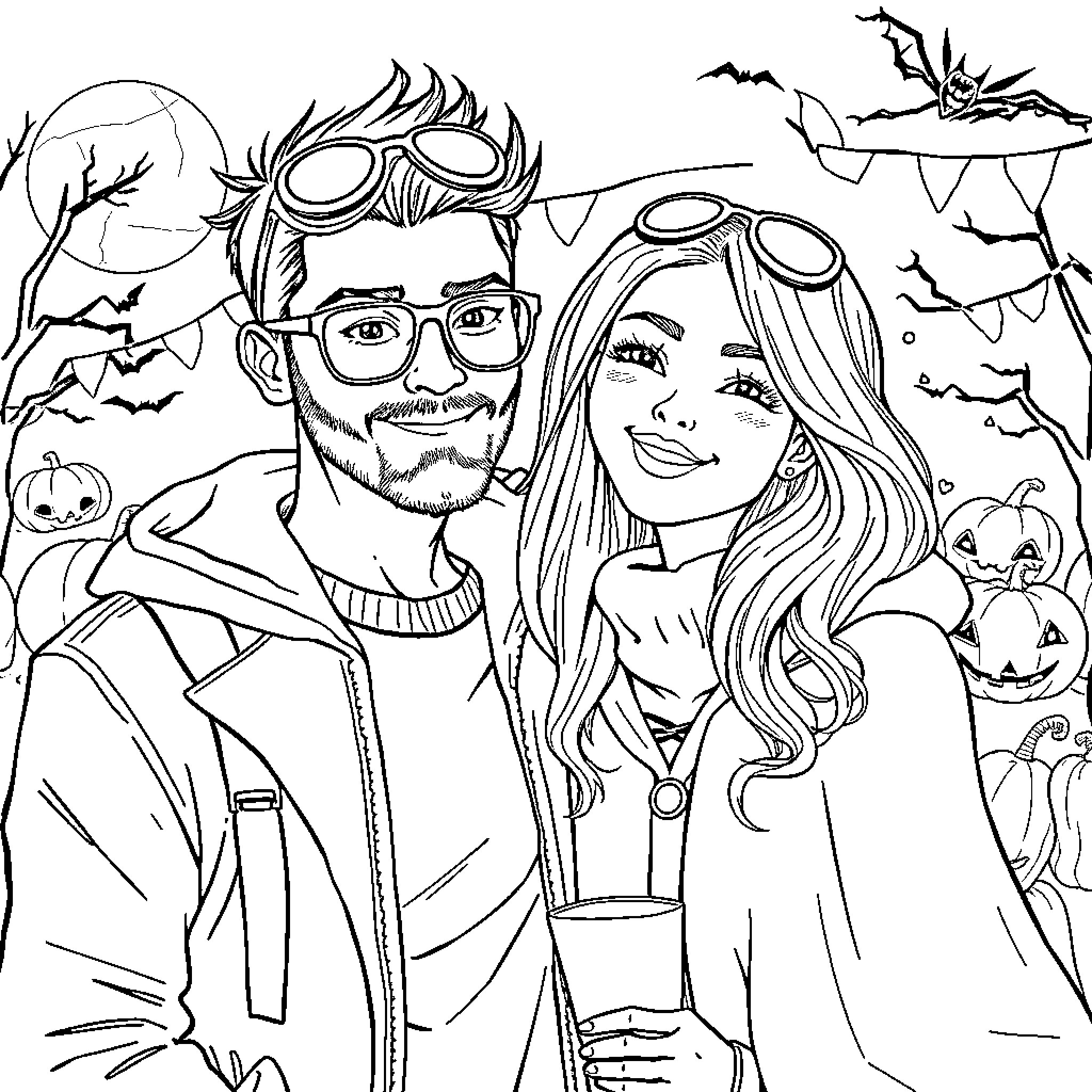 Pareja disfrazada para una fiesta de Halloween Coloring Page (free black-and-white line drawing printable PDF for all, from beginners to advanced learners, including children, teens, adults, and seniors)