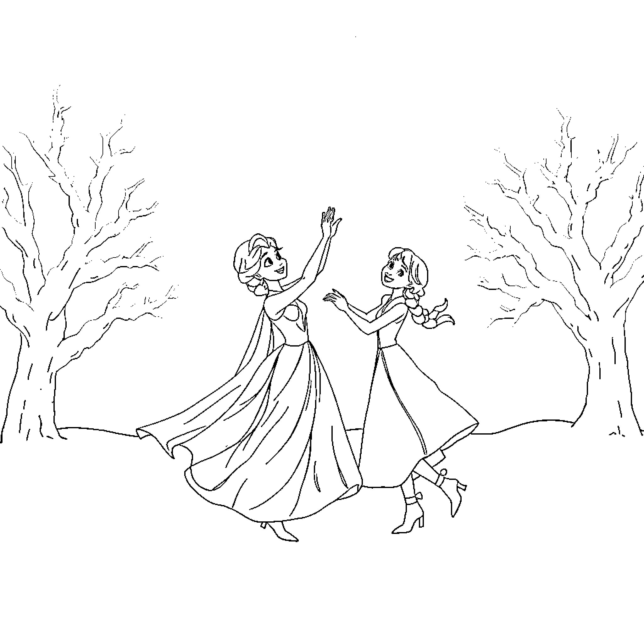 Elsa and Anna enjoying a winter dance in the woods Coloring Page (free black-and-white line drawing printable PDF for all, from beginners to advanced learners, including children, teens, adults, and seniors)