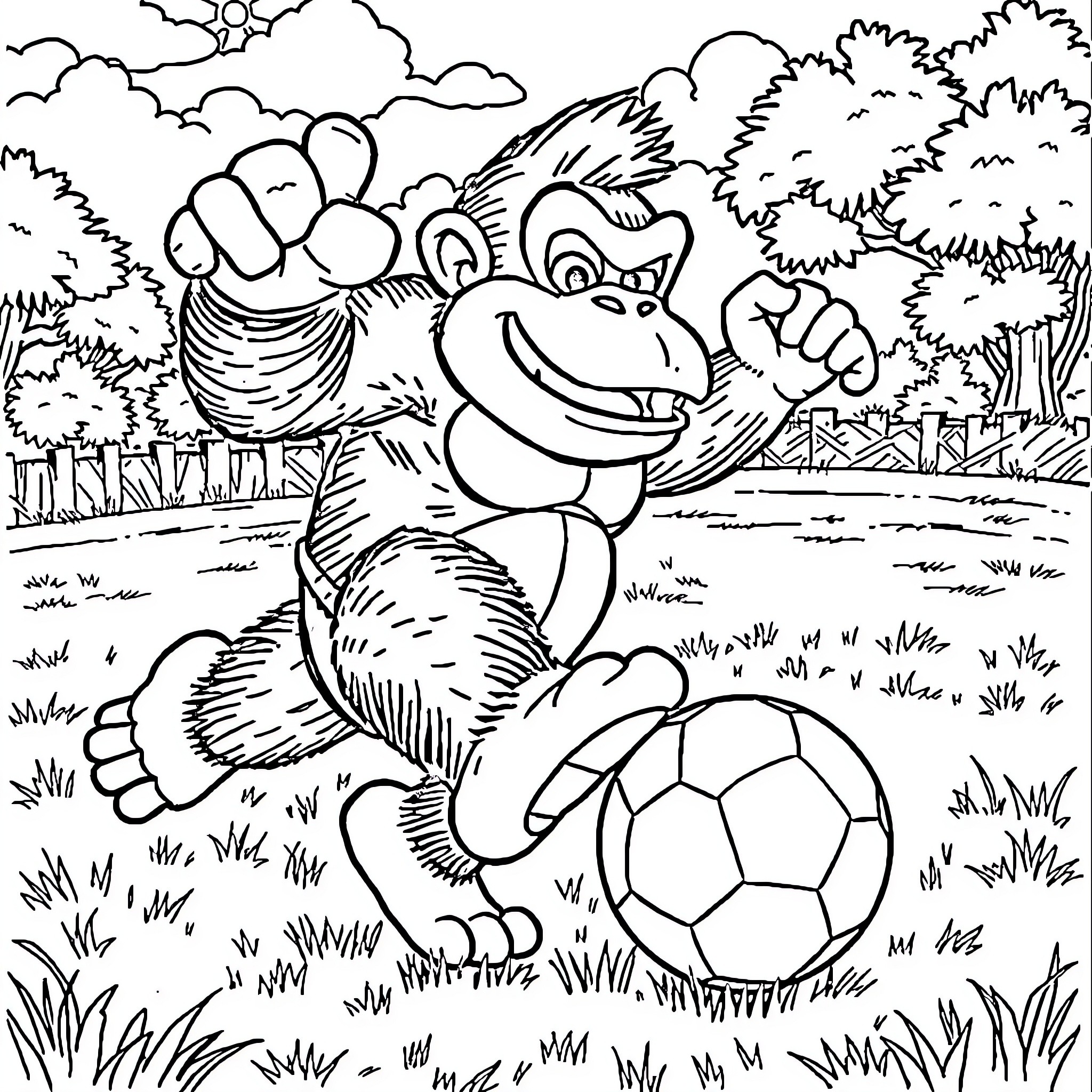 Donkey Kong kicking a soccer ball in the park Coloring Page (free black-and-white line drawing printable PDF for all, from beginners to advanced learners, including children, teens, adults, and seniors)