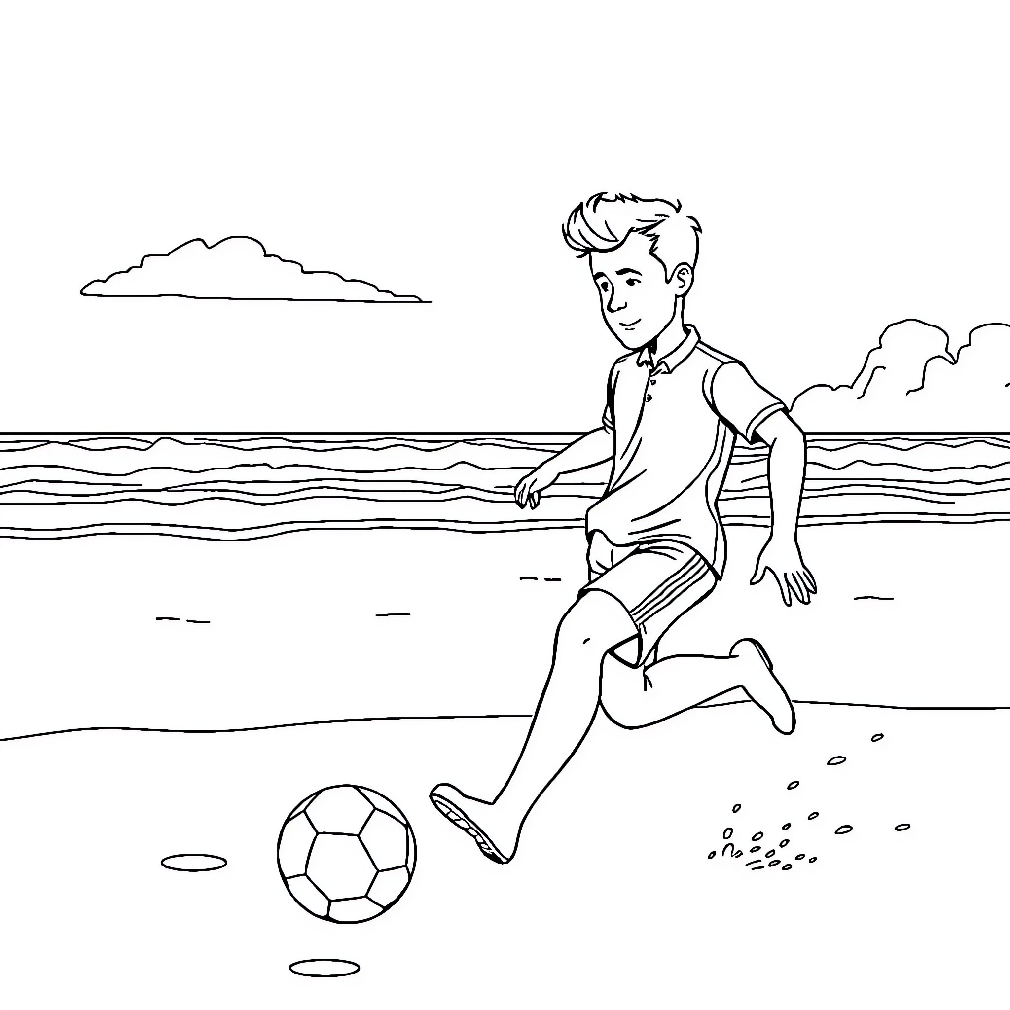 Macron playing soccer on the beach Coloring Page (free black-and-white line drawing printable PDF for all, from beginners to advanced learners, including children, teens, adults, and seniors)