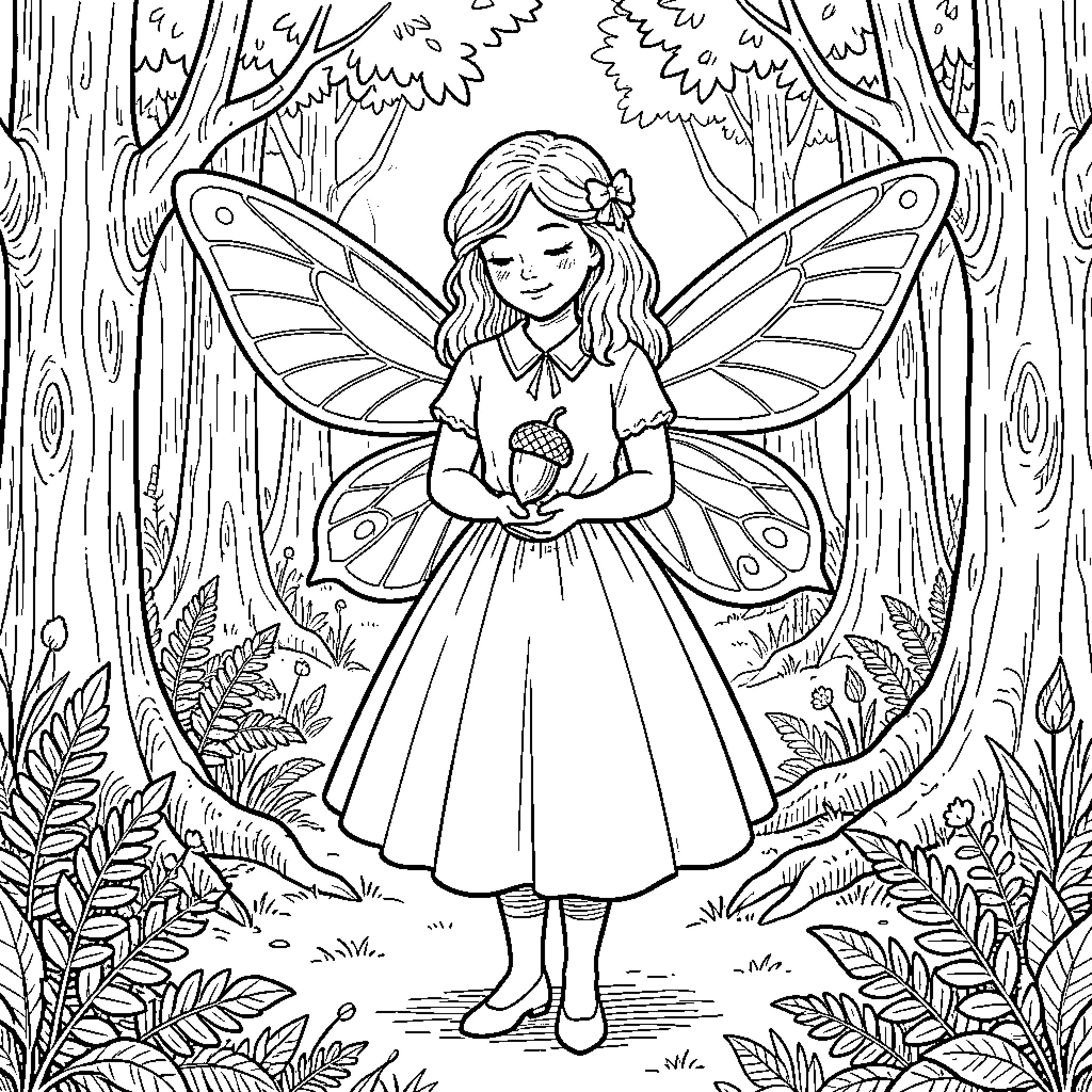 Acorn held gently by a smiling forest fairy Coloring Page (free black-and-white line drawing printable PDF for all, from beginners to advanced learners, including children, teens, adults, and seniors)