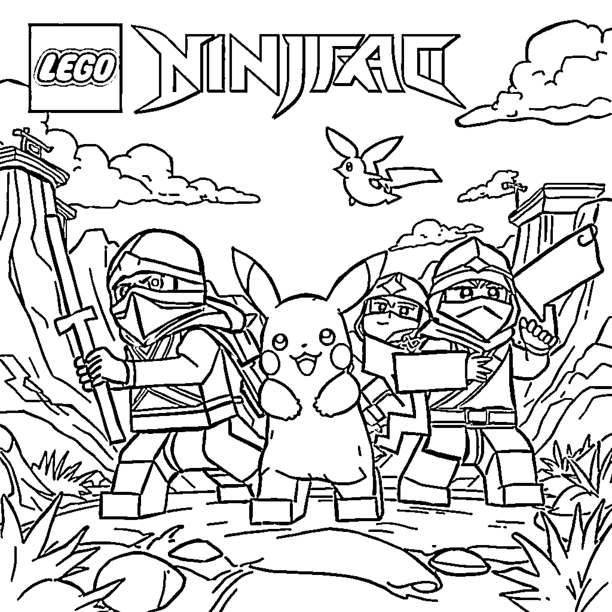 Ninjago characters in an adventure scene Coloring Page (free black-and-white line drawing printable PDF for all, from beginners to advanced learners, including children, teens, adults, and seniors)
