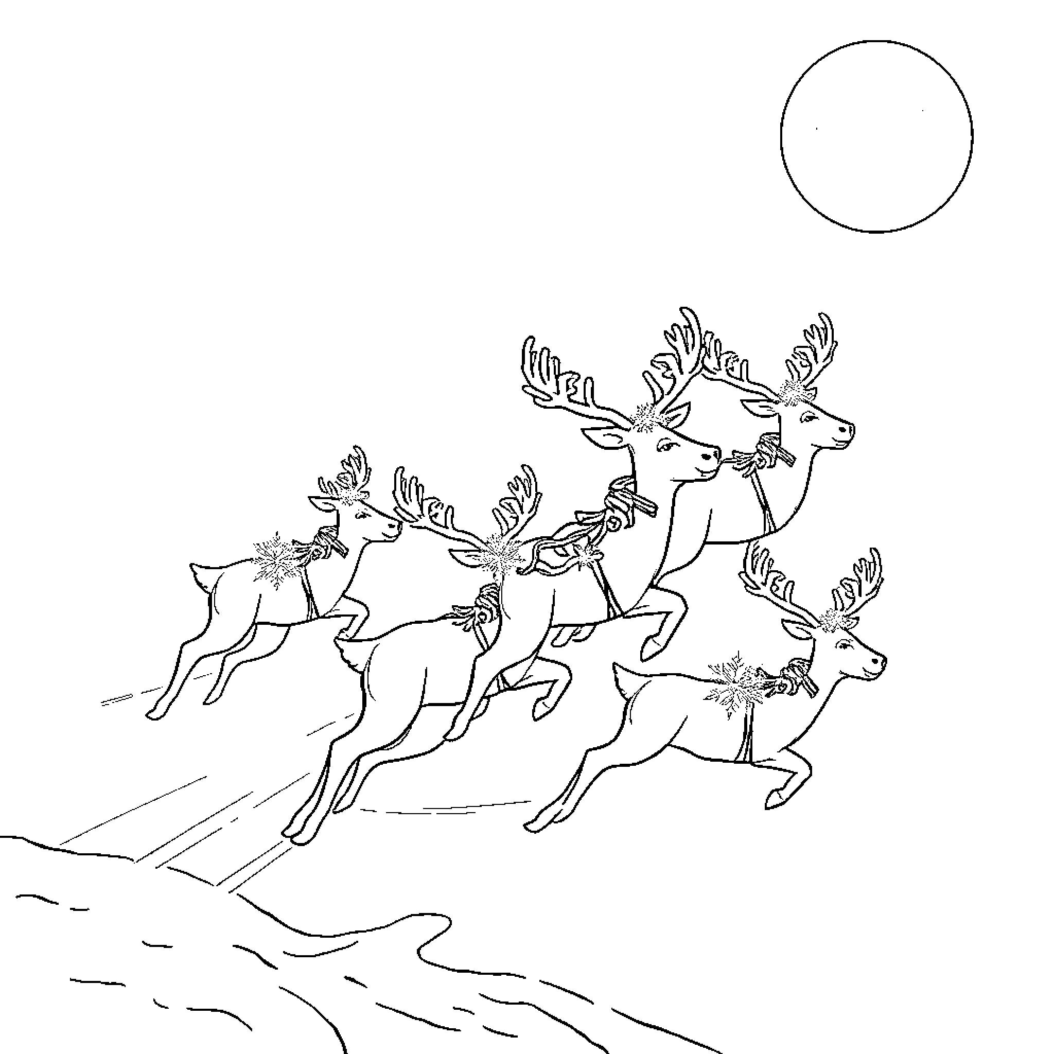 Reindeer pulling Santa's sleigh on snowy night Coloring Page (free black-and-white line drawing printable PDF for all, from beginners to advanced learners, including children, teens, adults, and seniors)