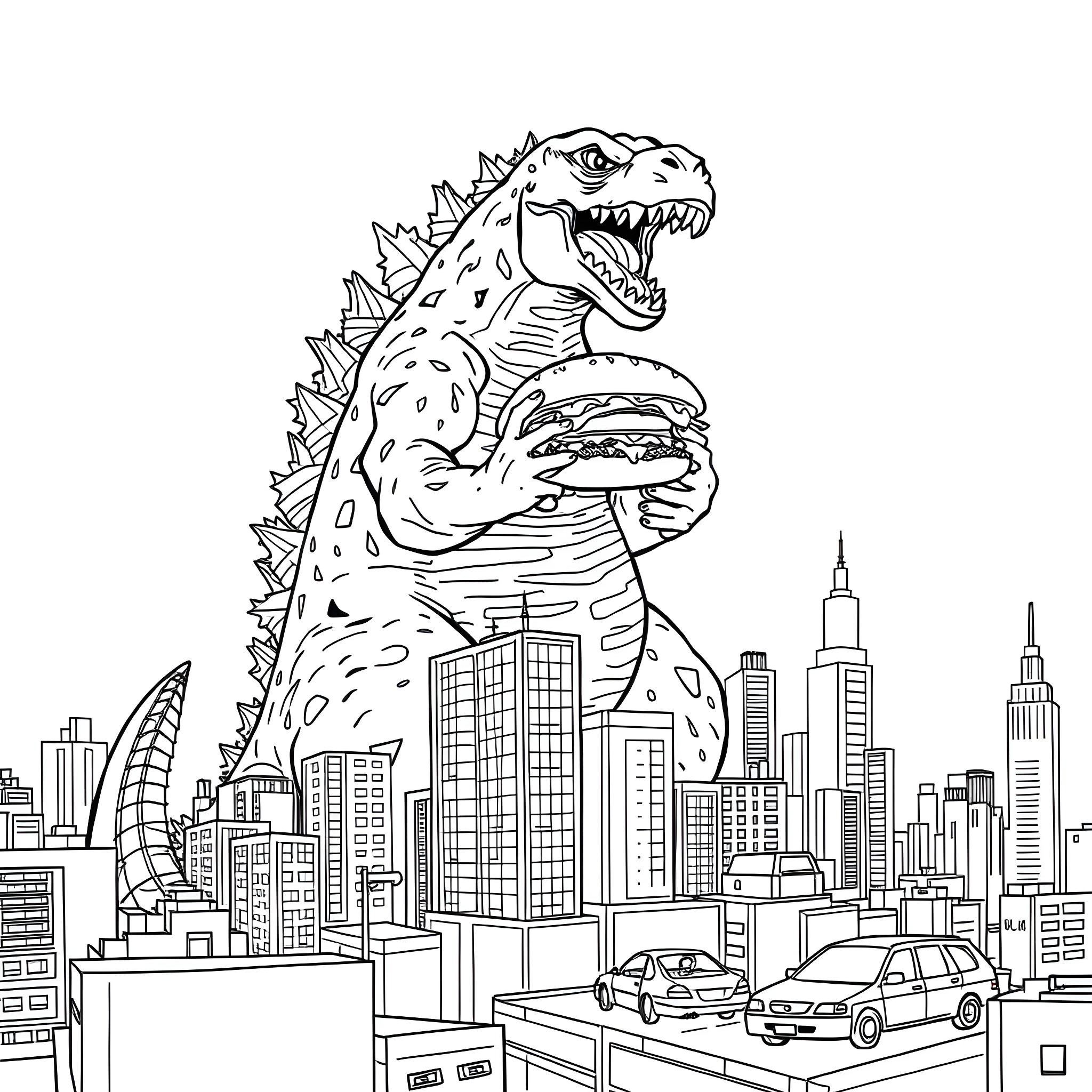 Godzilla stomping through the city with a burger Coloring Page (free black-and-white line drawing printable PDF for all, from beginners to advanced learners, including children, teens, adults, and seniors)
