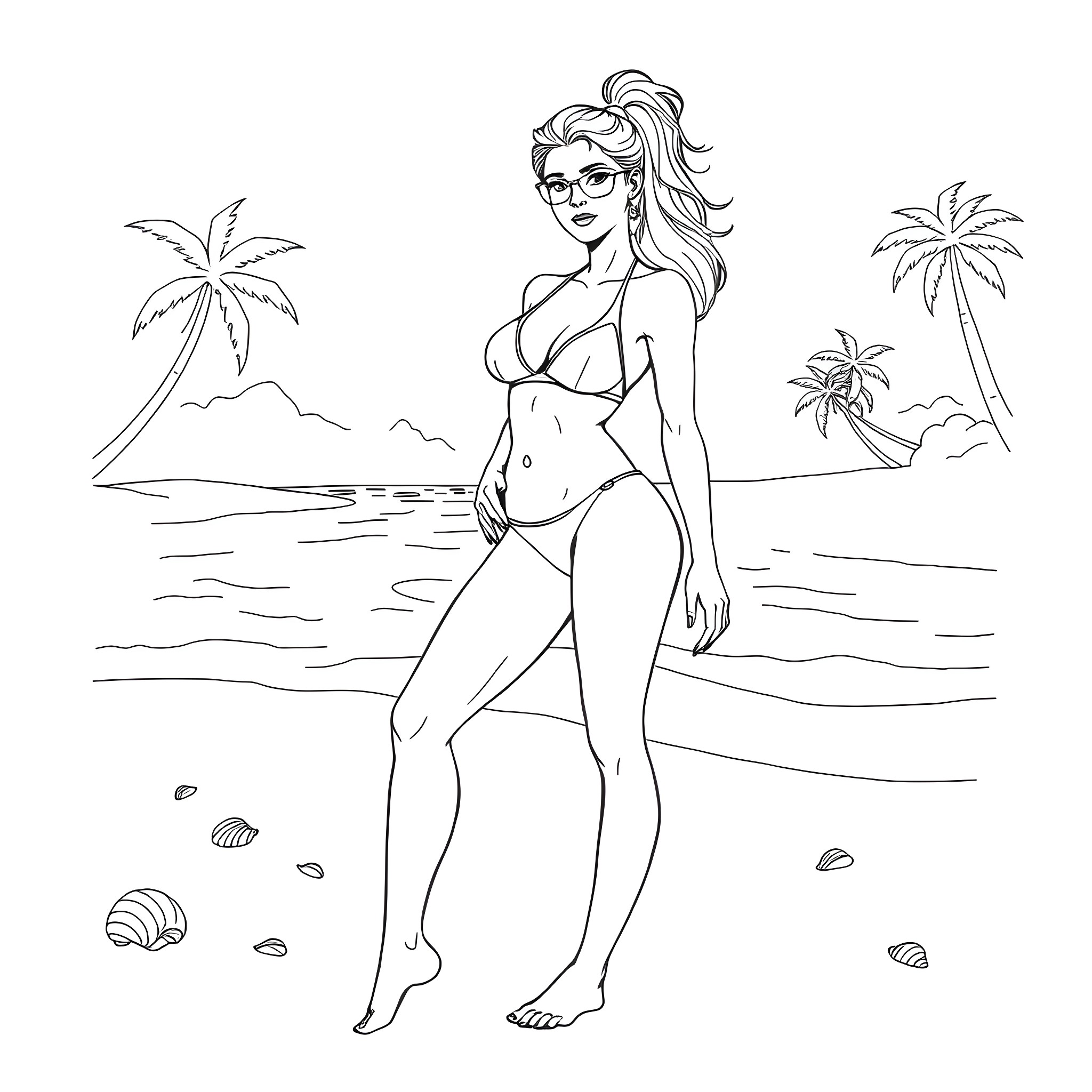 Woman posing confidently on the beach Coloring Page (free black-and-white line drawing printable PDF for all, from beginners to advanced learners, including children, teens, adults, and seniors)