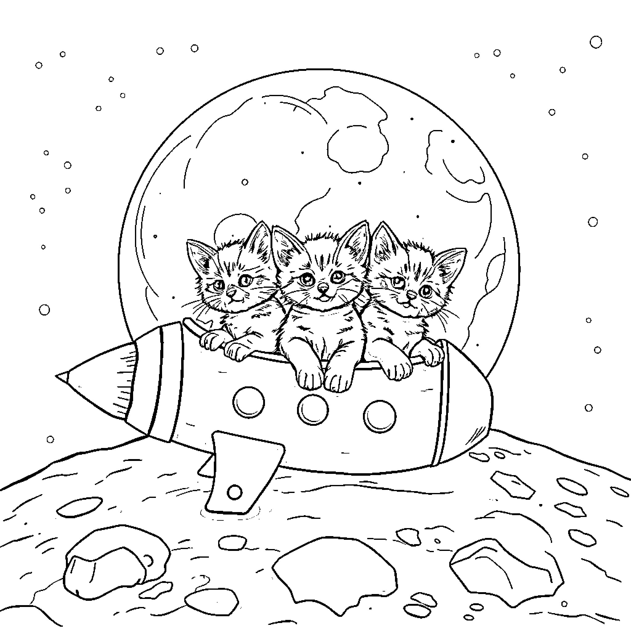 Kitten astronauts exploring the moon Coloring Page (free black-and-white line drawing printable PDF for all, from beginners to advanced learners, including children, teens, adults, and seniors)