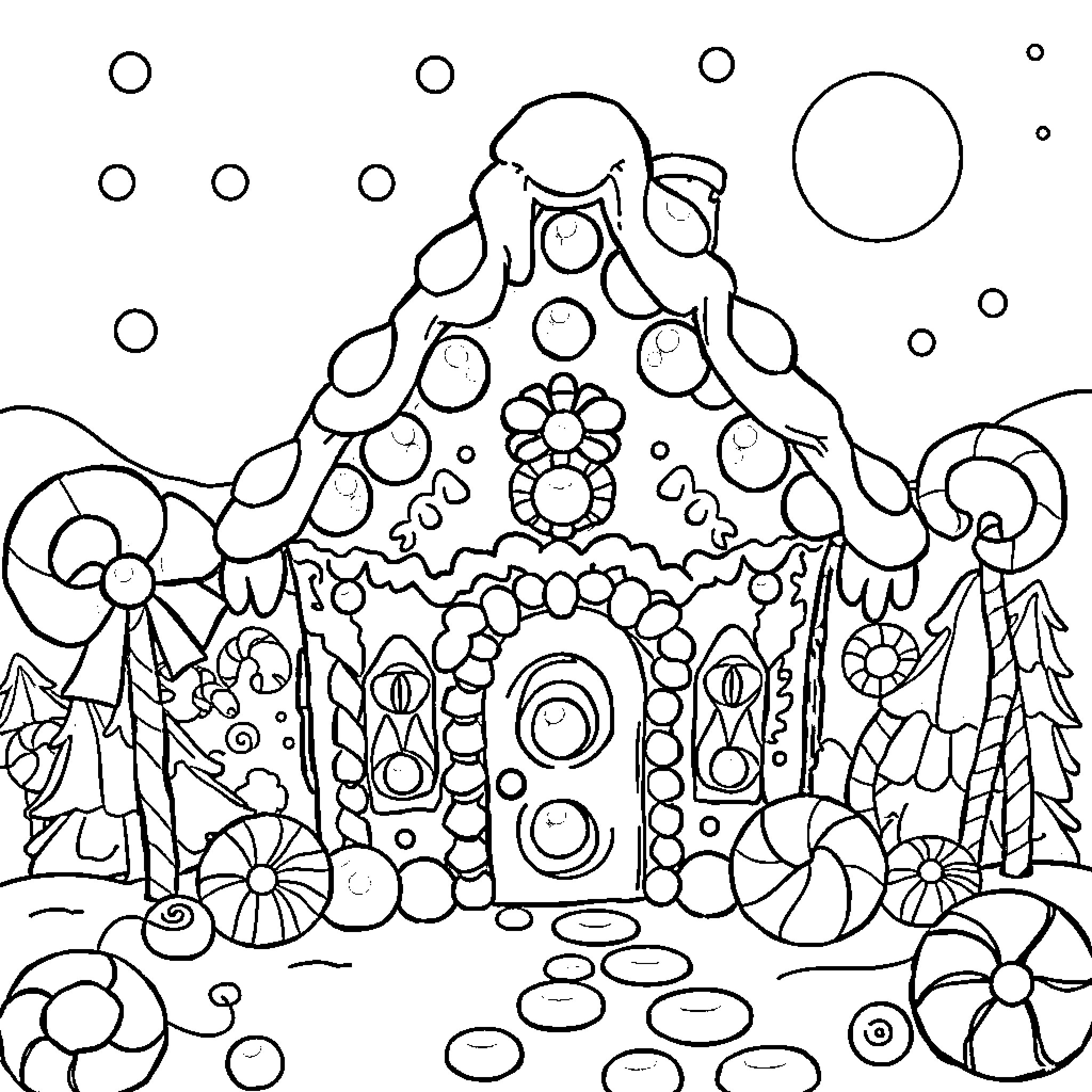 Gingerbread House with Whimsical Decorations Coloring Page (free black-and-white line drawing printable PDF for all, from beginners to advanced learners, including children, teens, adults, and seniors)