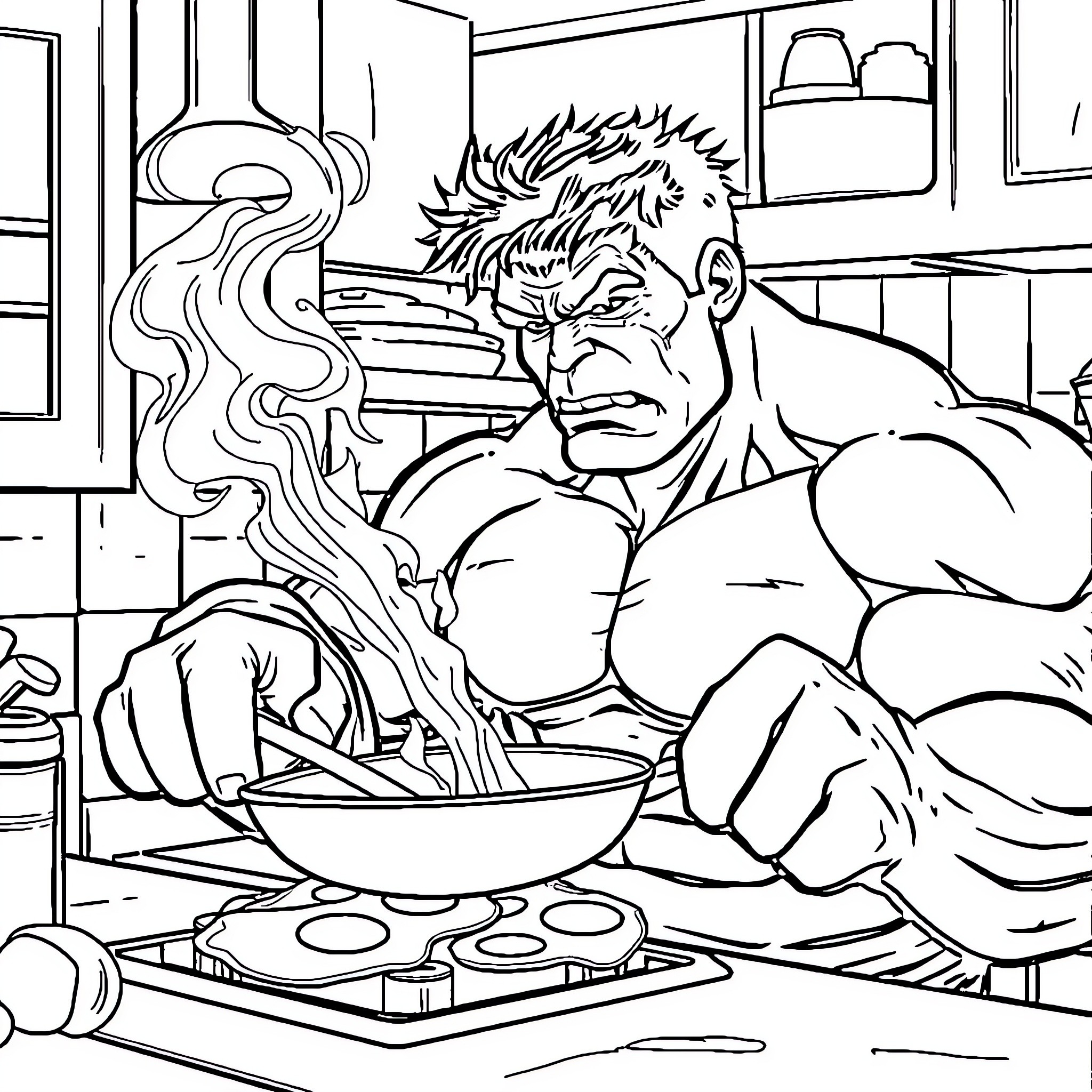 Hulk Cooking in the Kitchen Coloring Page (free black-and-white line drawing printable PDF for all, from beginners to advanced learners, including children, teens, adults, and seniors)