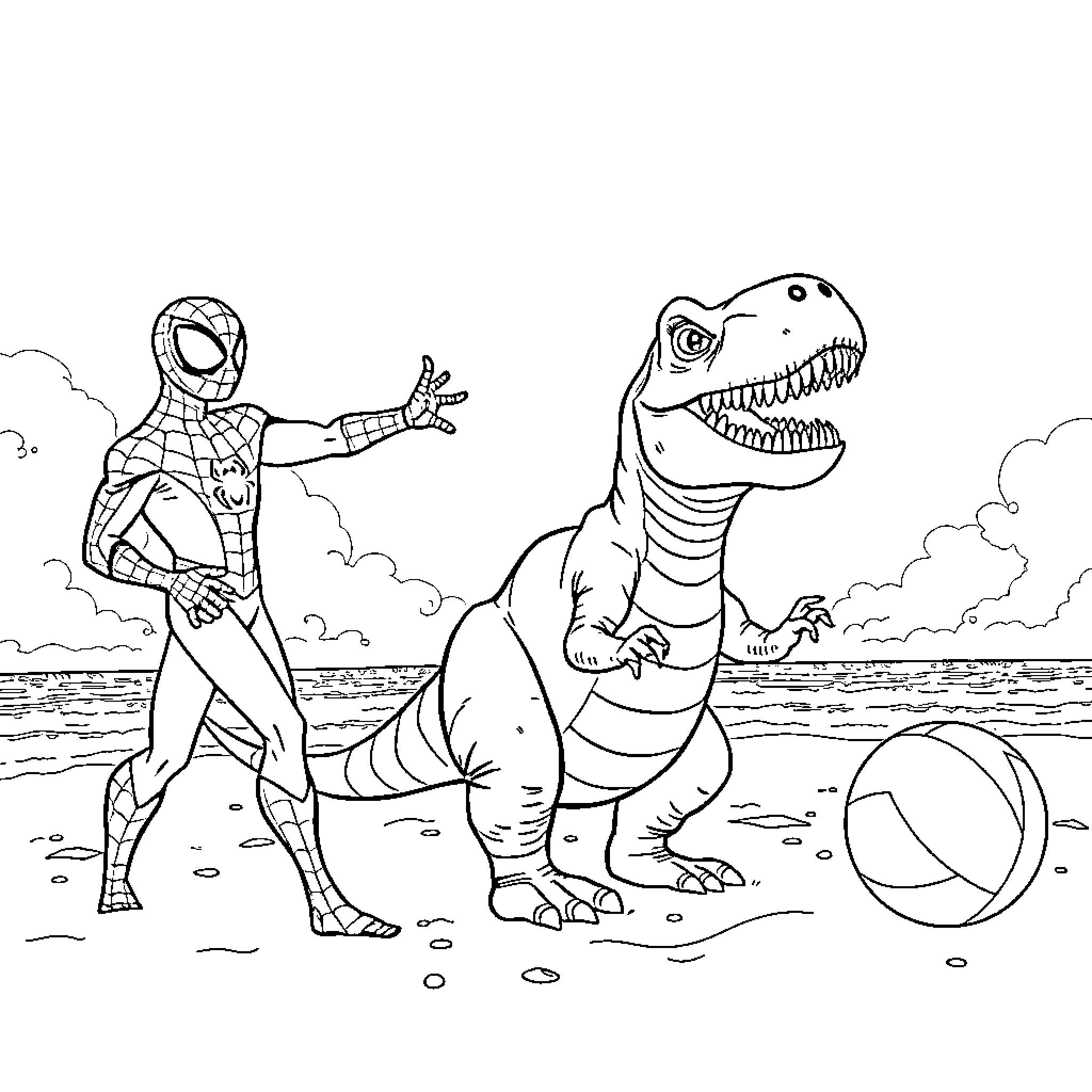 Spider-Man facing off with a T-Rex on the beach Coloring Page (free black-and-white line drawing printable PDF for all, from beginners to advanced learners, including children, teens, adults, and seniors)
