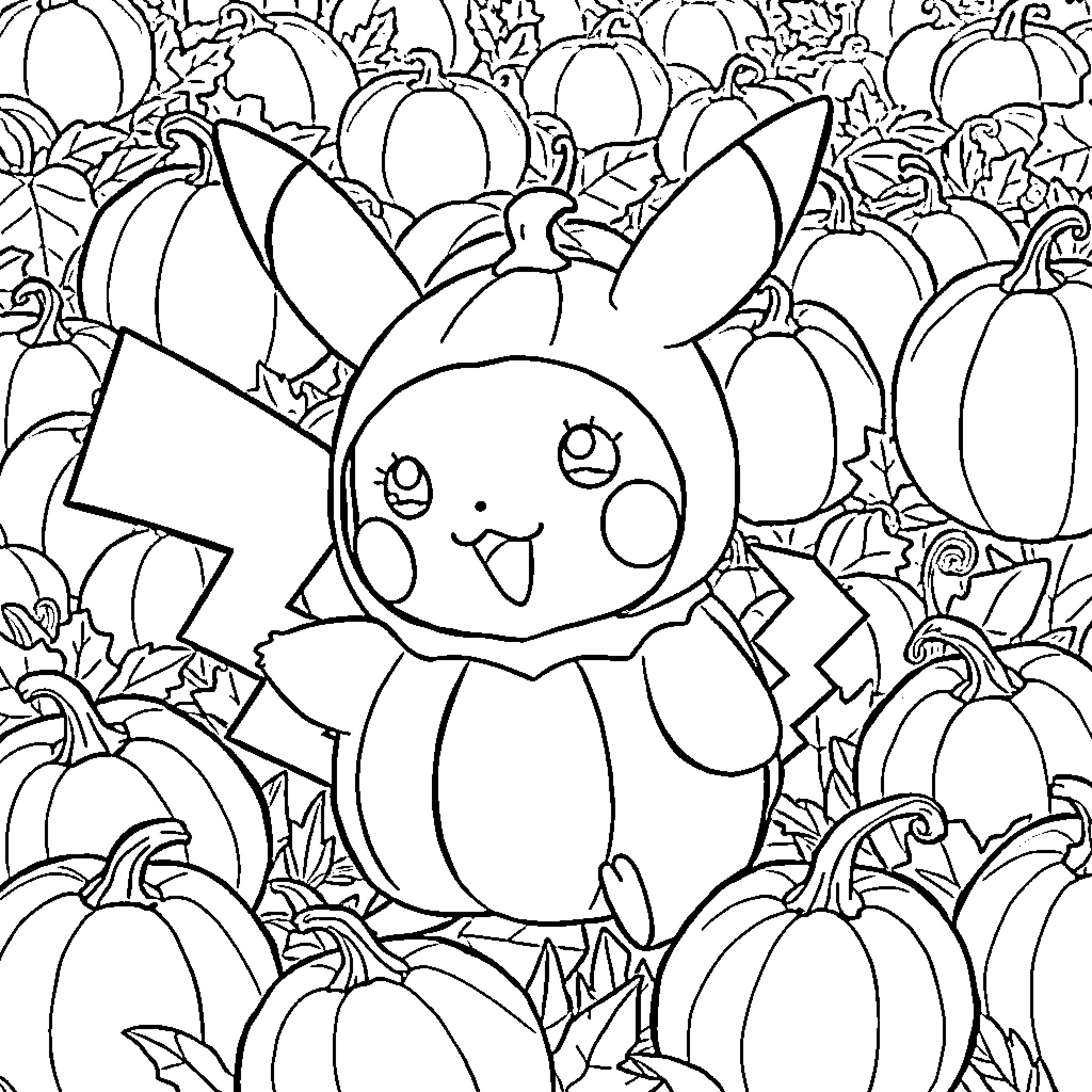 Pikachu surrounded by pumpkins Coloring Page (free black-and-white line drawing printable PDF for all, from beginners to advanced learners, including children, teens, adults, and seniors)