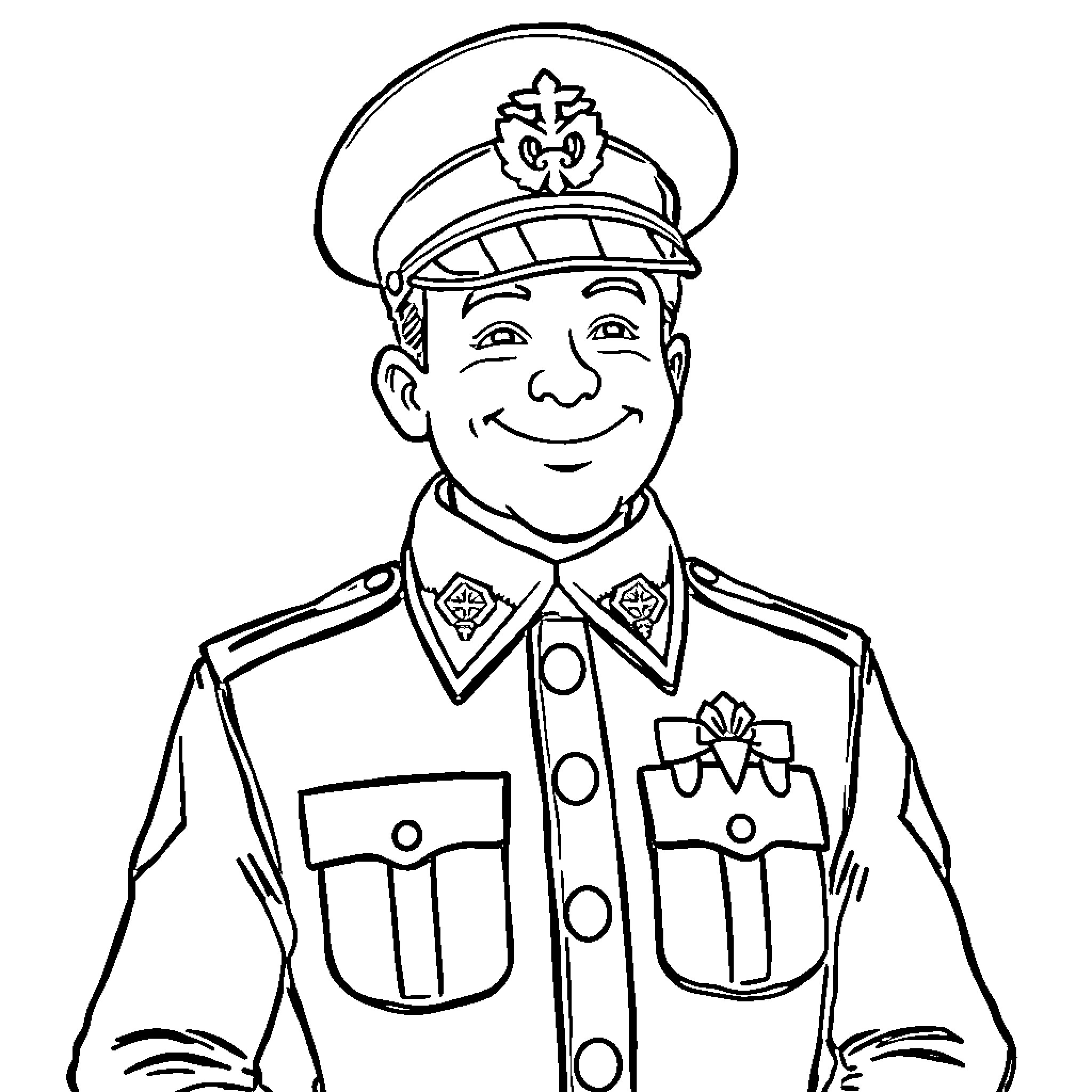 Gendarme in uniform with friendly expression Coloring Page (free black-and-white line drawing printable PDF for all, from beginners to advanced learners, including children, teens, adults, and seniors)