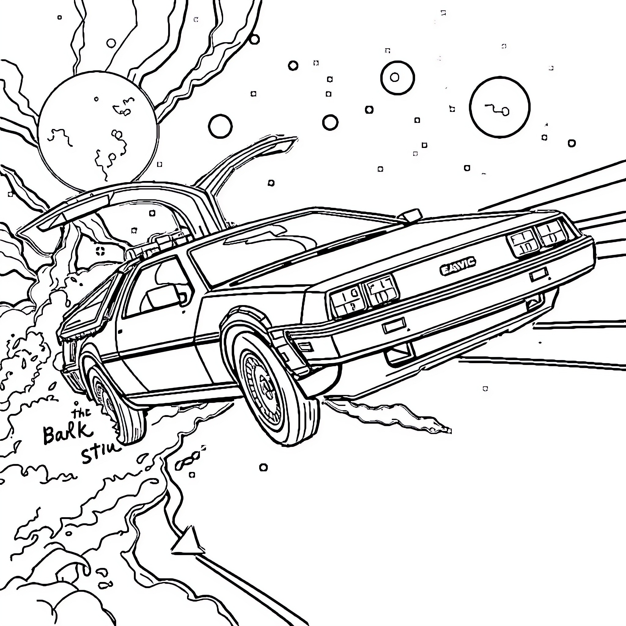 Back to the Future: Time-Traveling DeLorean in Action Coloring Page (free black-and-white line drawing printable PDF for all, from beginners to advanced learners, including children, teens, adults, and seniors)