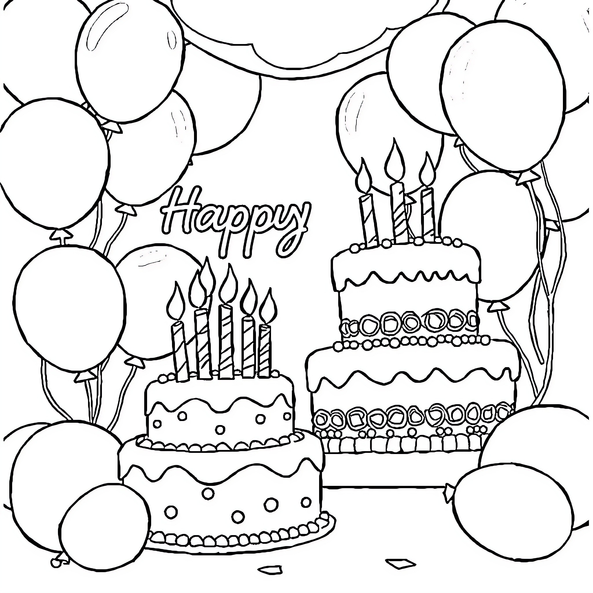 Anniversary celebration with cake and balloons Coloring Page (free black-and-white line drawing printable PDF for all, from beginners to advanced learners, including children, teens, adults, and seniors)