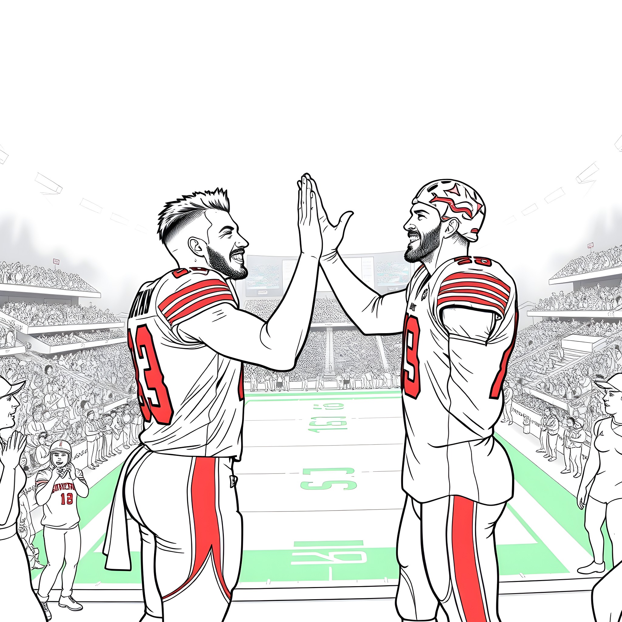 Jordan's teammates celebrating a touchdown Coloring Page (free black-and-white line drawing printable PDF for all, from beginners to advanced learners, including children, teens, adults, and seniors)