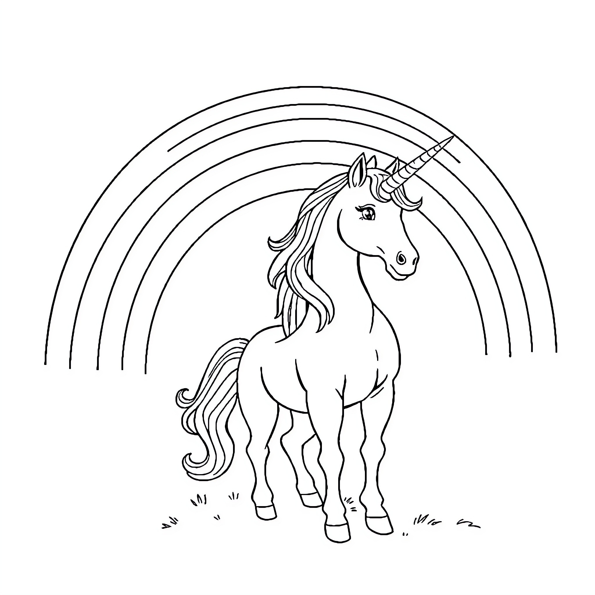 Unicorn standing proudly beneath a vibrant rainbow Coloring Page (free black-and-white line drawing printable PDF for all, from beginners to advanced learners, including children, teens, adults, and seniors)