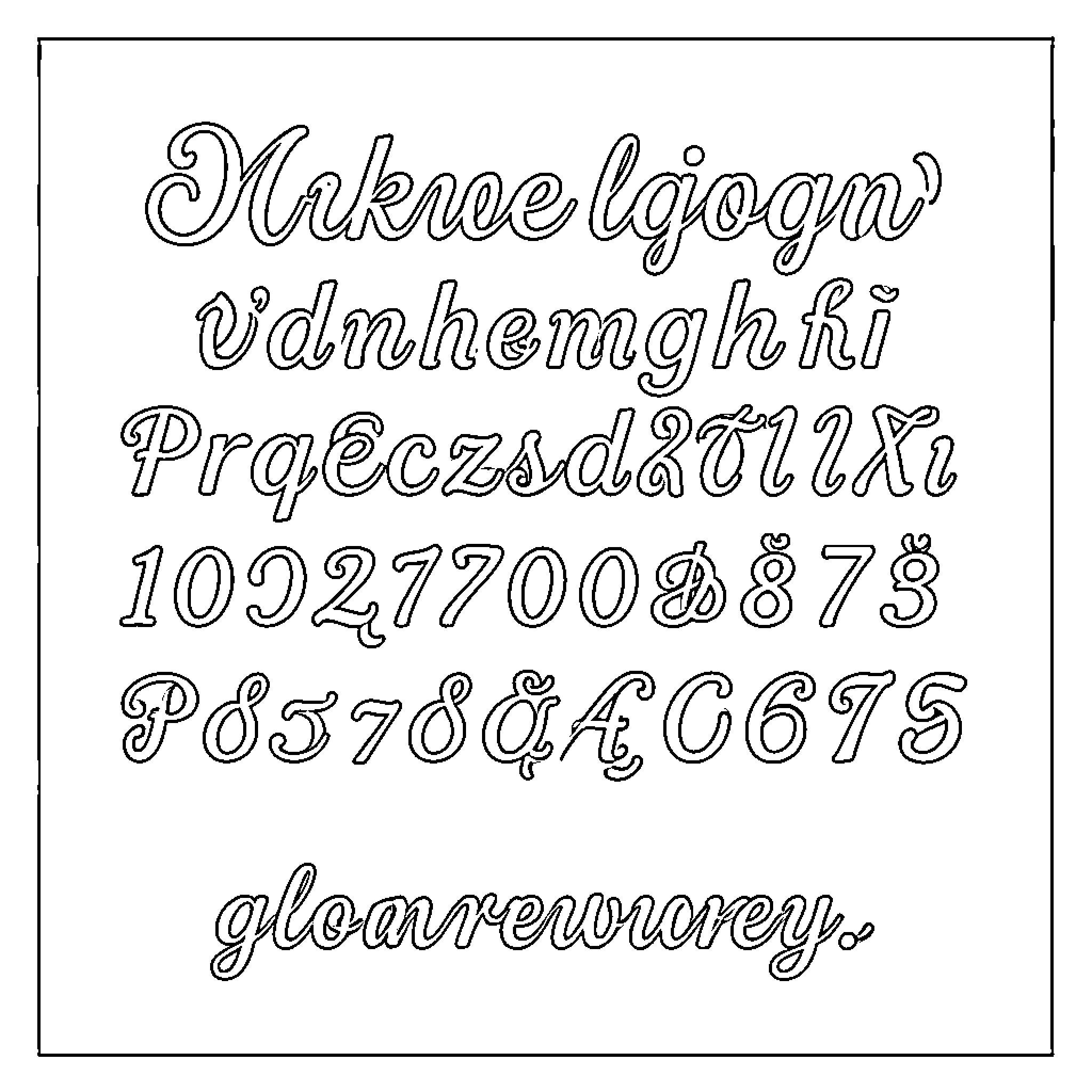 Calligraphy of decorative letters and numbers in cursive Coloring Page (free black-and-white line drawing printable PDF for all, from beginners to advanced learners, including children, teens, adults, and seniors)