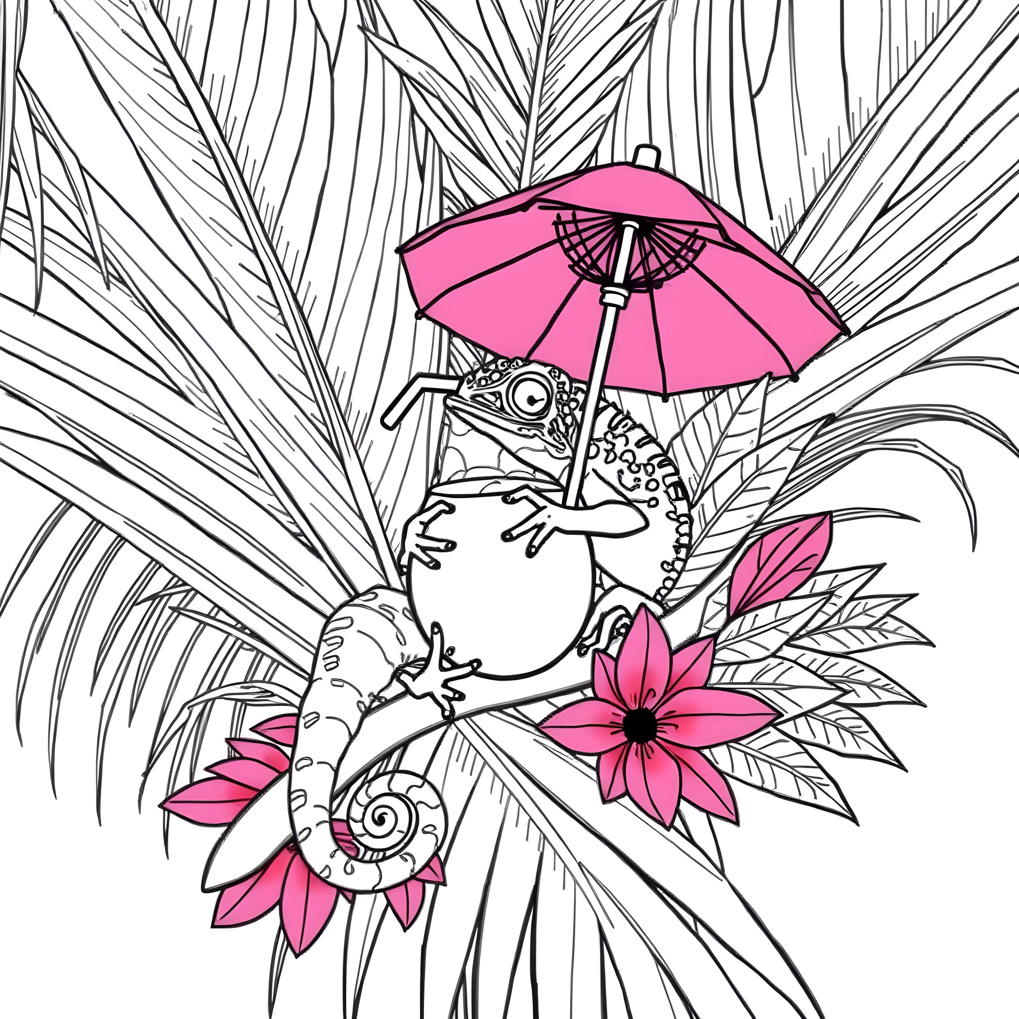 Chameleon with pink umbrella in tropical foliage Coloring Page (free black-and-white line drawing printable PDF for all, from beginners to advanced learners, including children, teens, adults, and seniors)